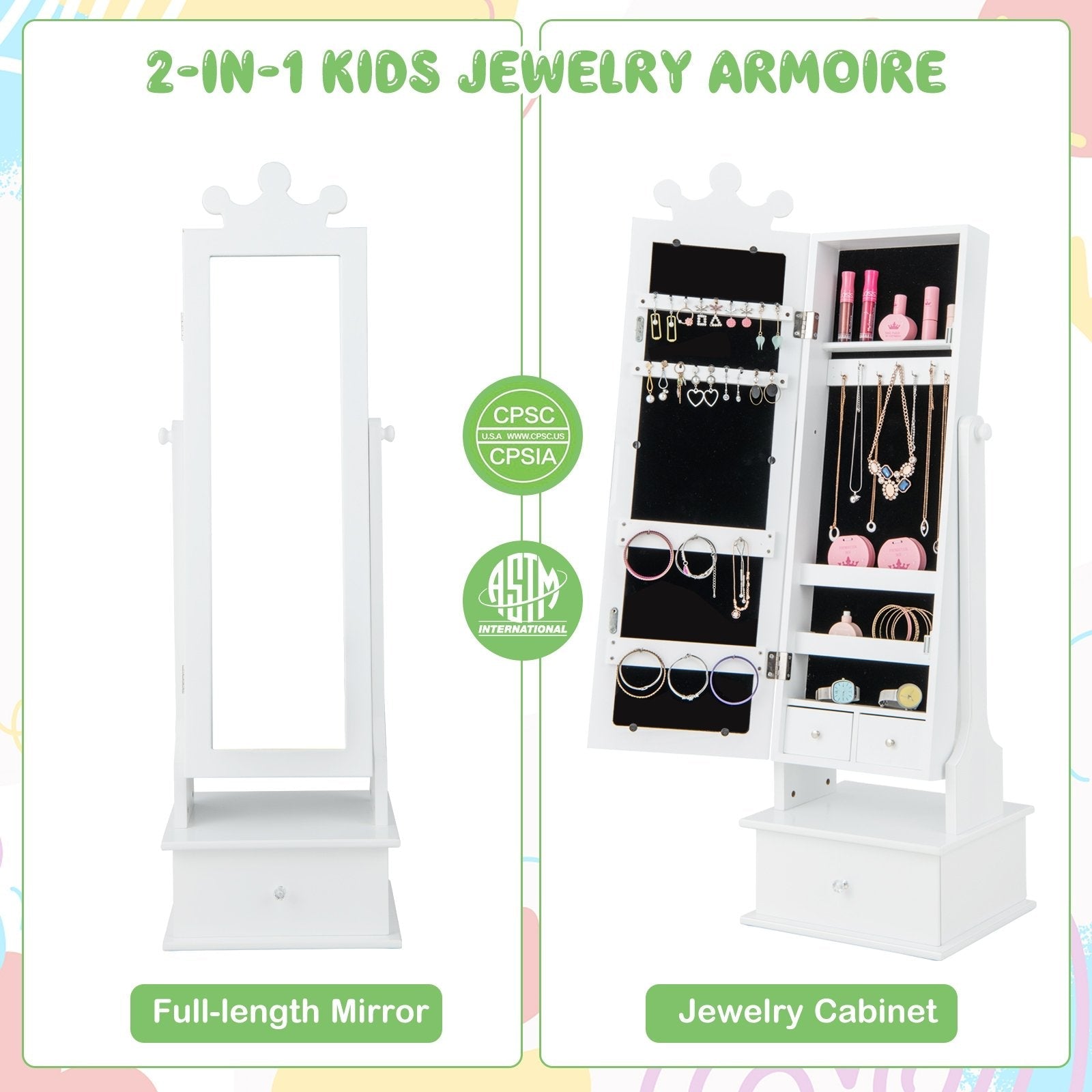 2-in-1 Kids Play Jewelry Armoire with Full Length Mirror and Drawers, White Kids Vanities   at Gallery Canada