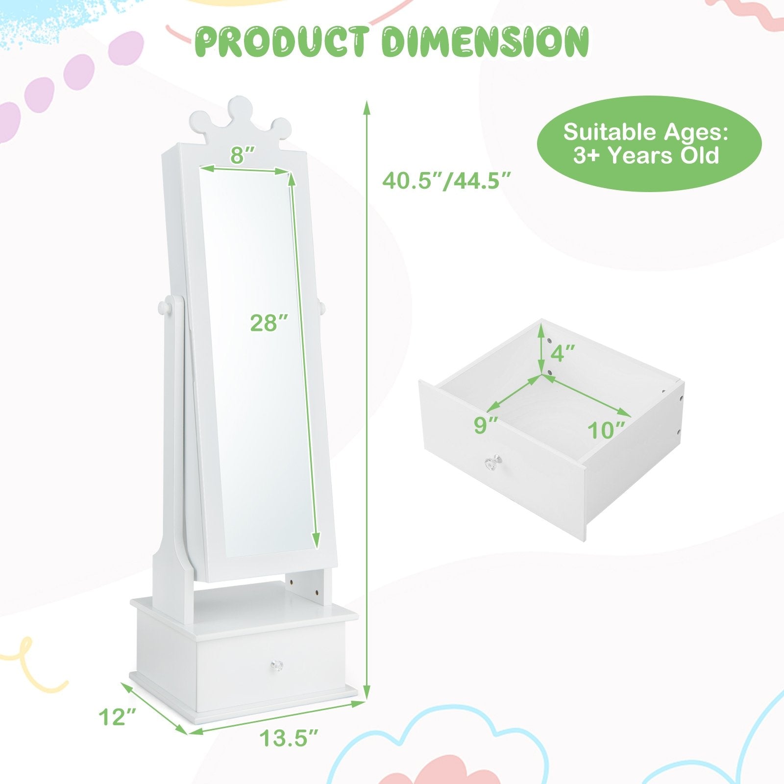 2-in-1 Kids Play Jewelry Armoire with Full Length Mirror and Drawers, White Kids Vanities   at Gallery Canada