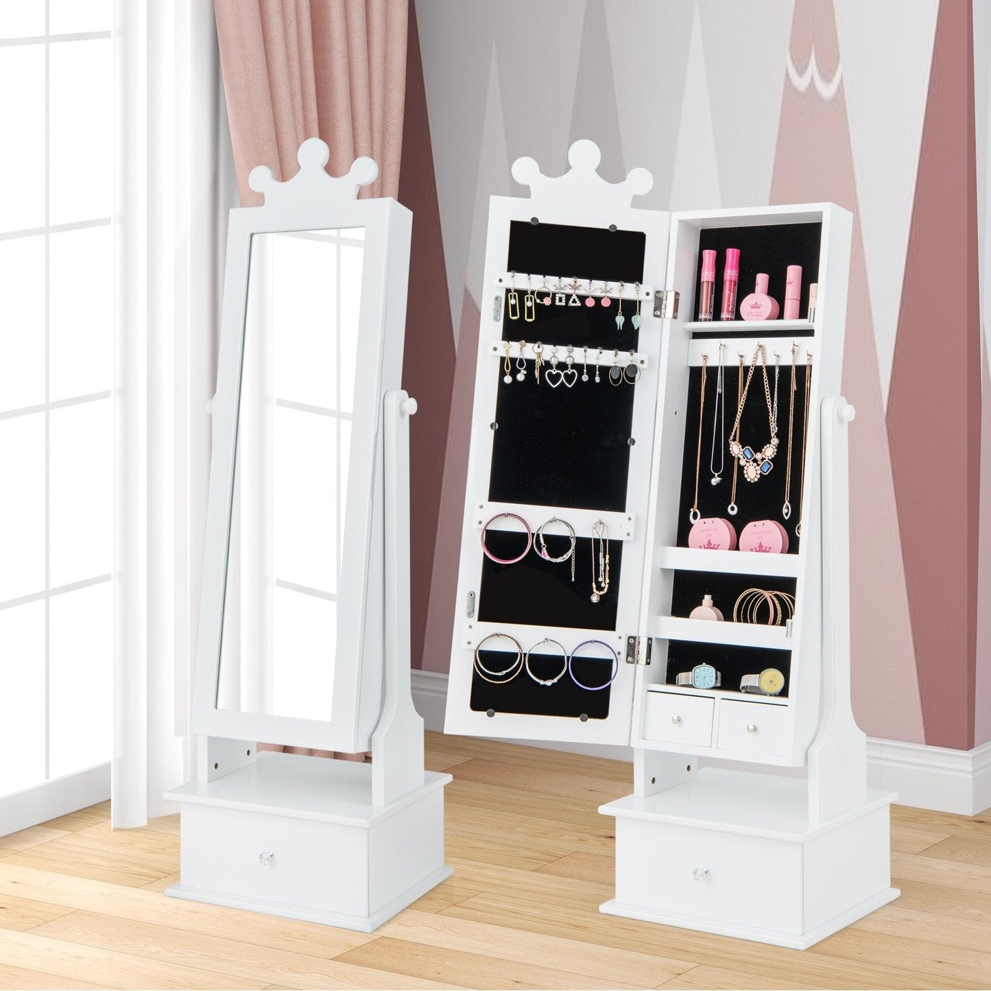 2-in-1 Kids Play Jewelry Armoire with Full Length Mirror and Drawers, White Kids Vanities   at Gallery Canada