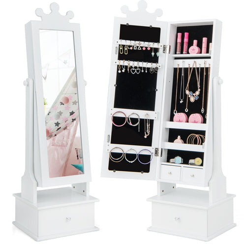 2-in-1 Kids Play Jewelry Armoire with Full Length Mirror and Drawers, White