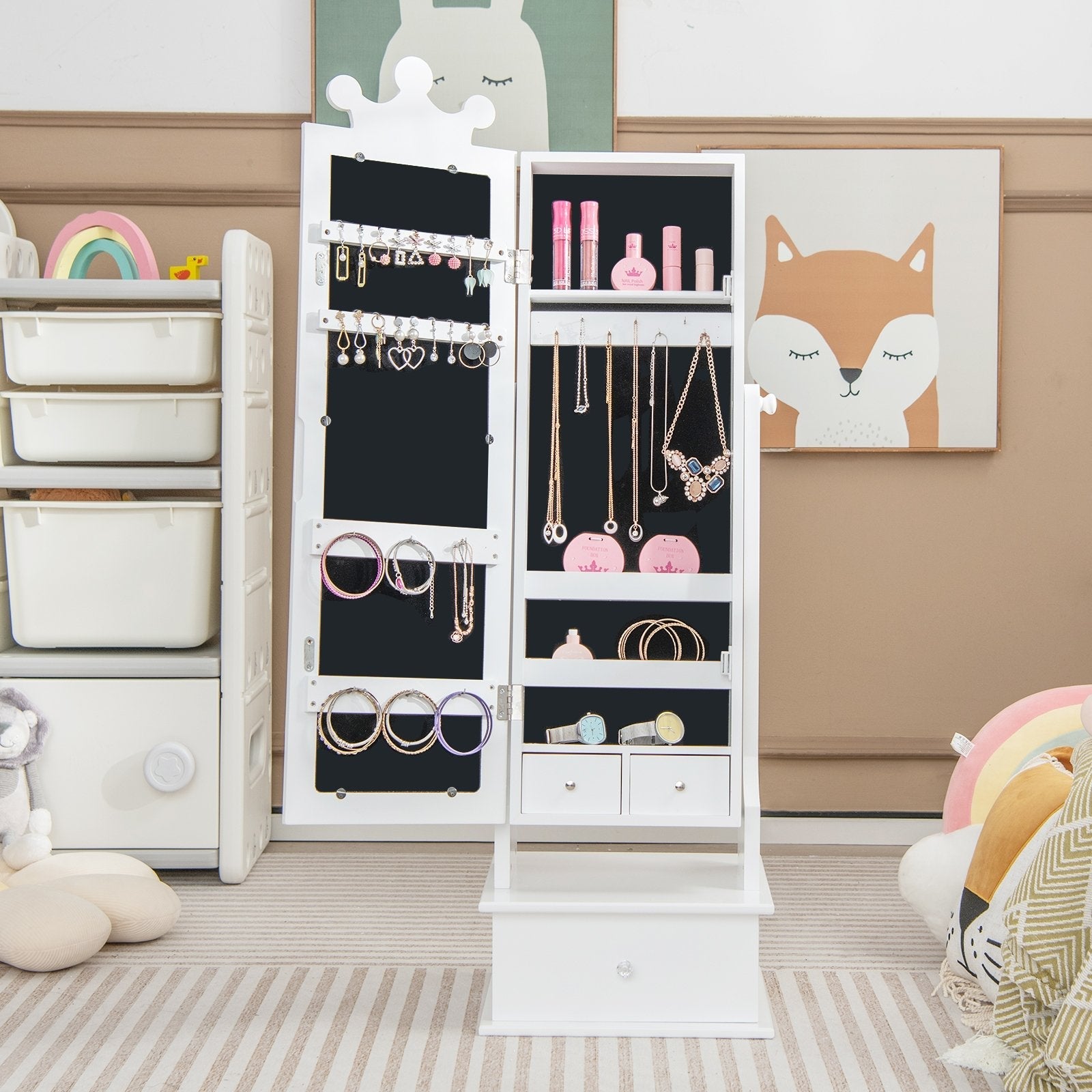 2-in-1 Kids Play Jewelry Armoire with Full Length Mirror and Drawers, White Kids Vanities   at Gallery Canada