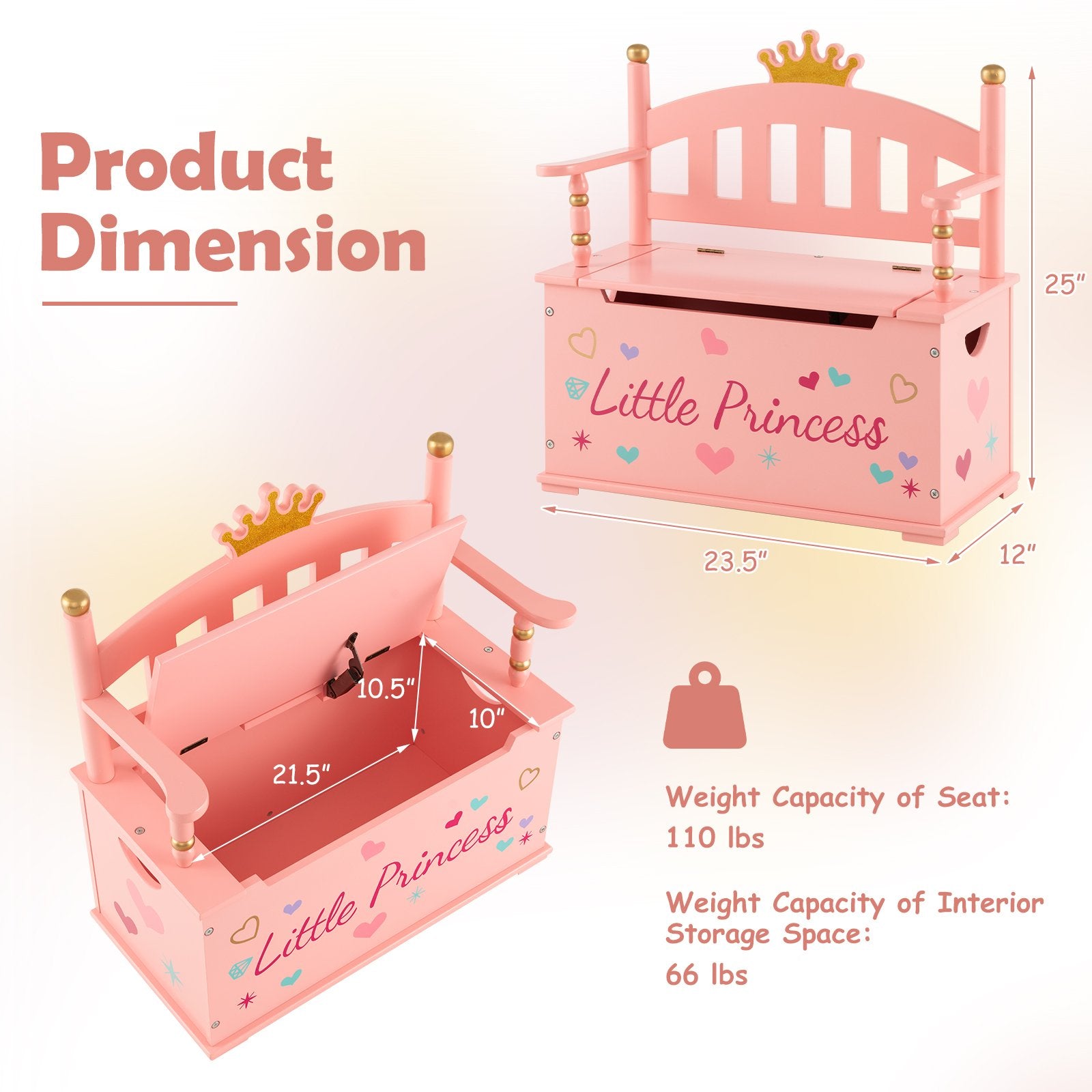 2-In-1 Kids Princess Wooden Toy Box with Safe Hinged Lid, Pink Kids Storage   at Gallery Canada