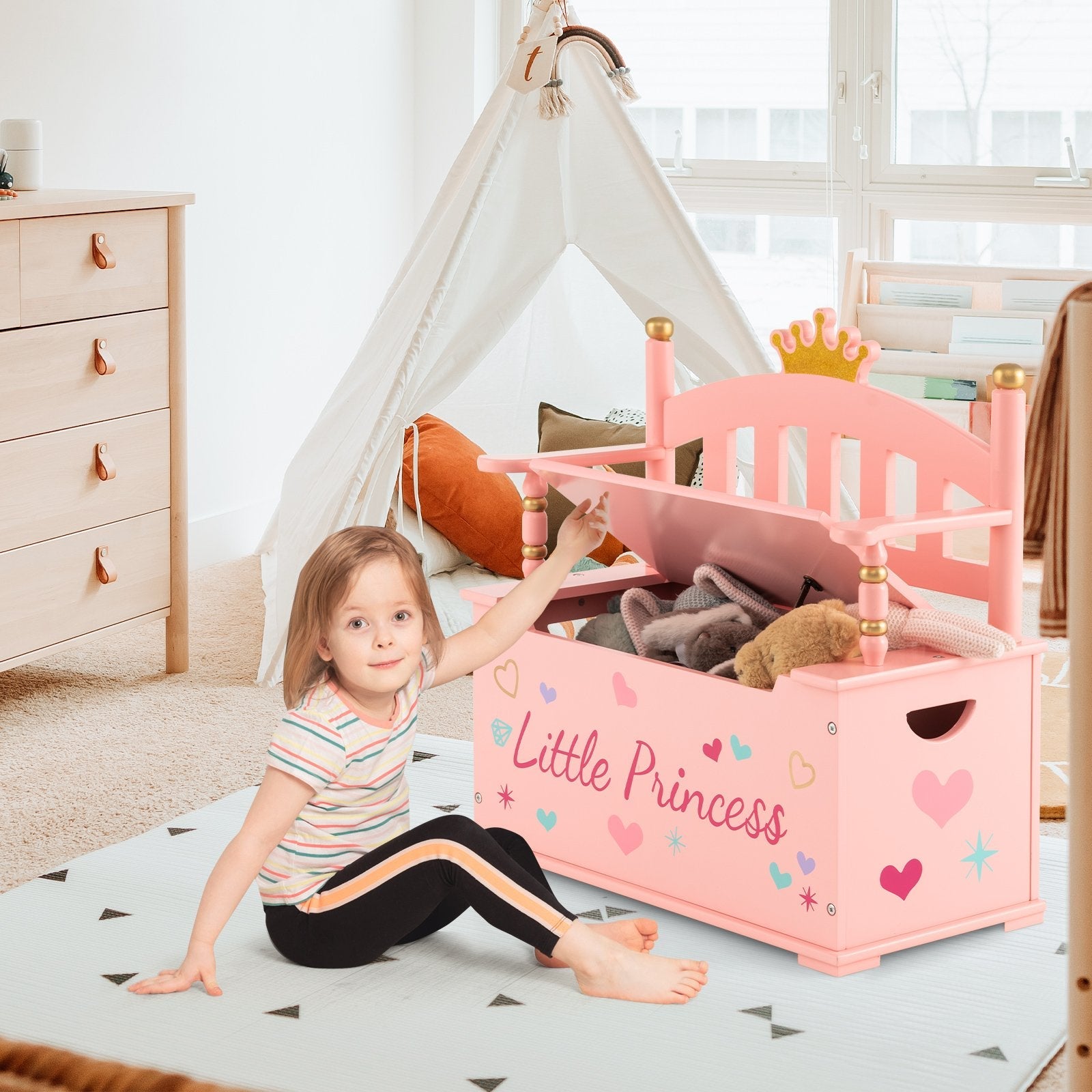 2-In-1 Kids Princess Wooden Toy Box with Safe Hinged Lid, Pink Kids Storage   at Gallery Canada