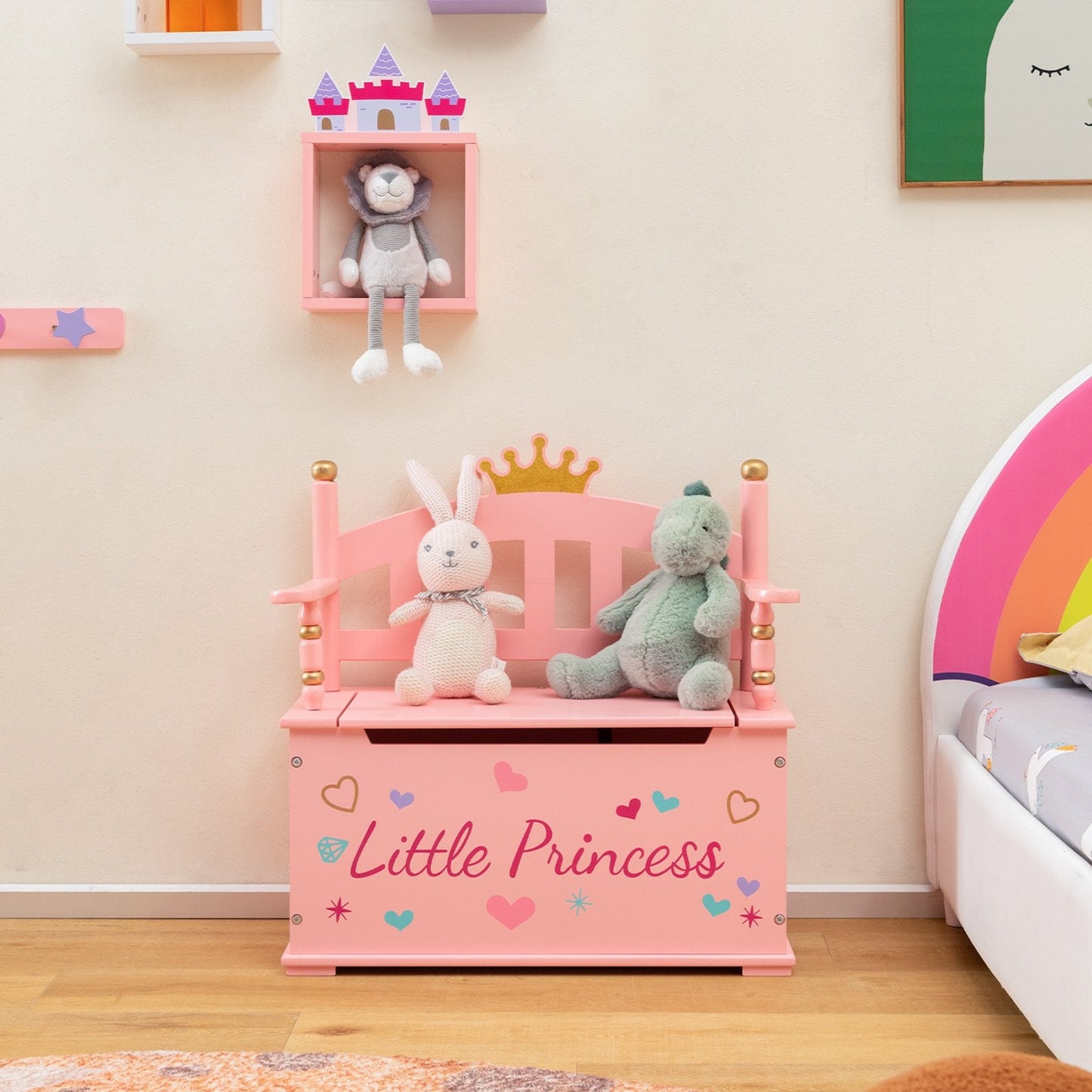 2-In-1 Kids Princess Wooden Toy Box with Safe Hinged Lid, Pink Kids Storage   at Gallery Canada