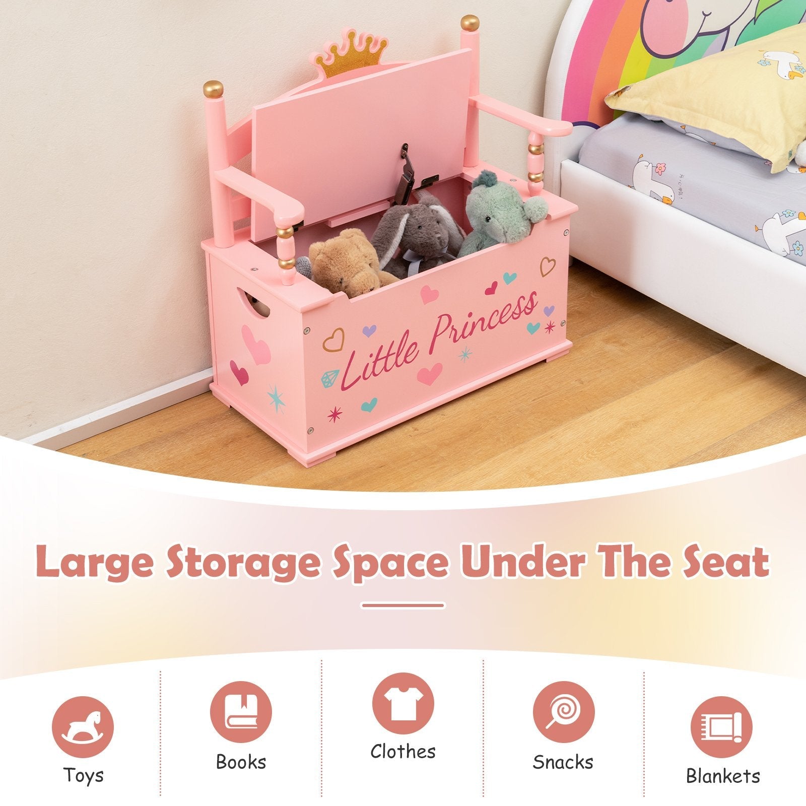 2-In-1 Kids Princess Wooden Toy Box with Safe Hinged Lid, Pink Kids Storage   at Gallery Canada