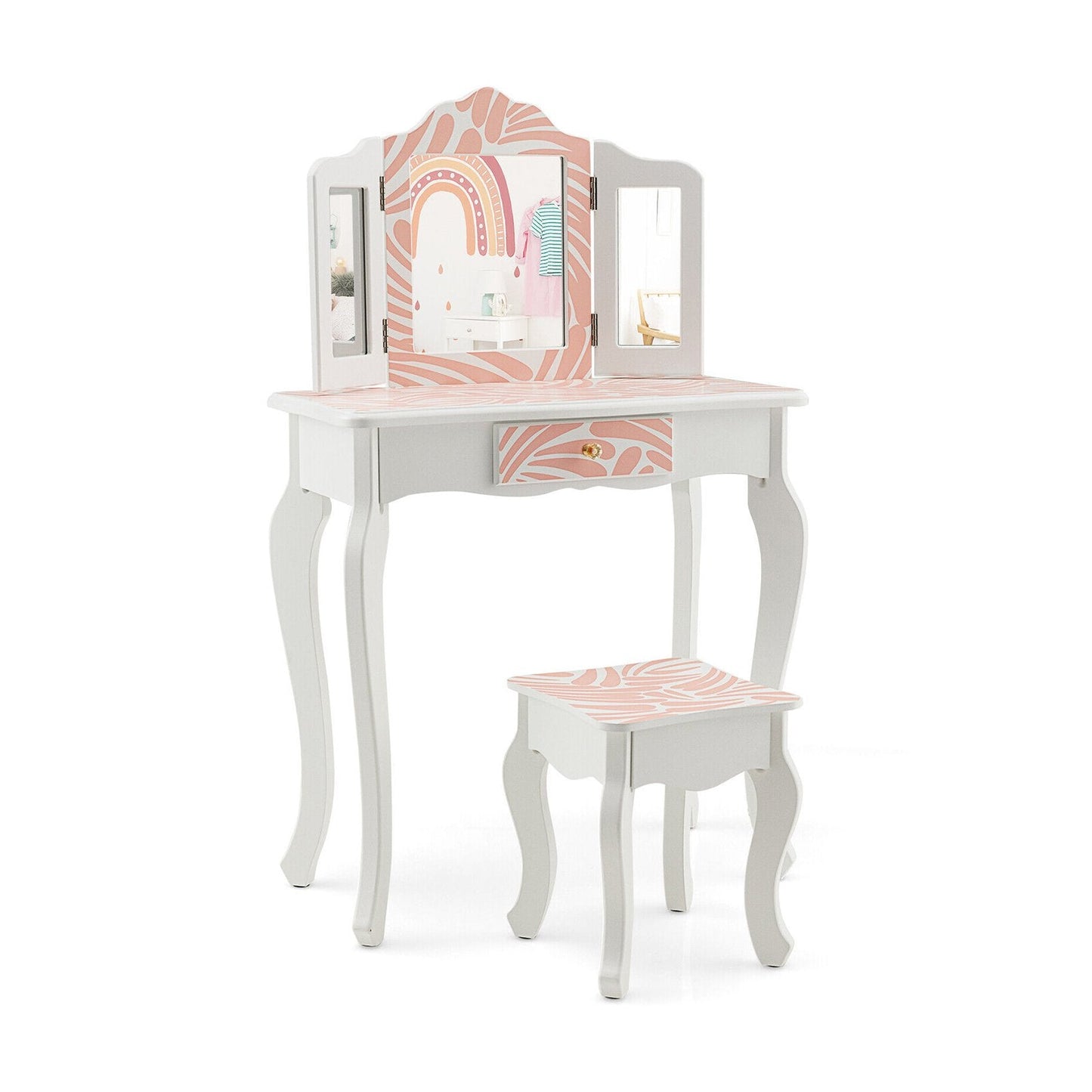 2-in-1 Kids Vanity Table Set with Tri-Folding Mirror, Pink Kids Vanities   at Gallery Canada