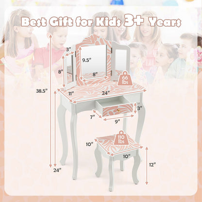 2-in-1 Kids Vanity Table Set with Tri-Folding Mirror, Pink Kids Vanities   at Gallery Canada