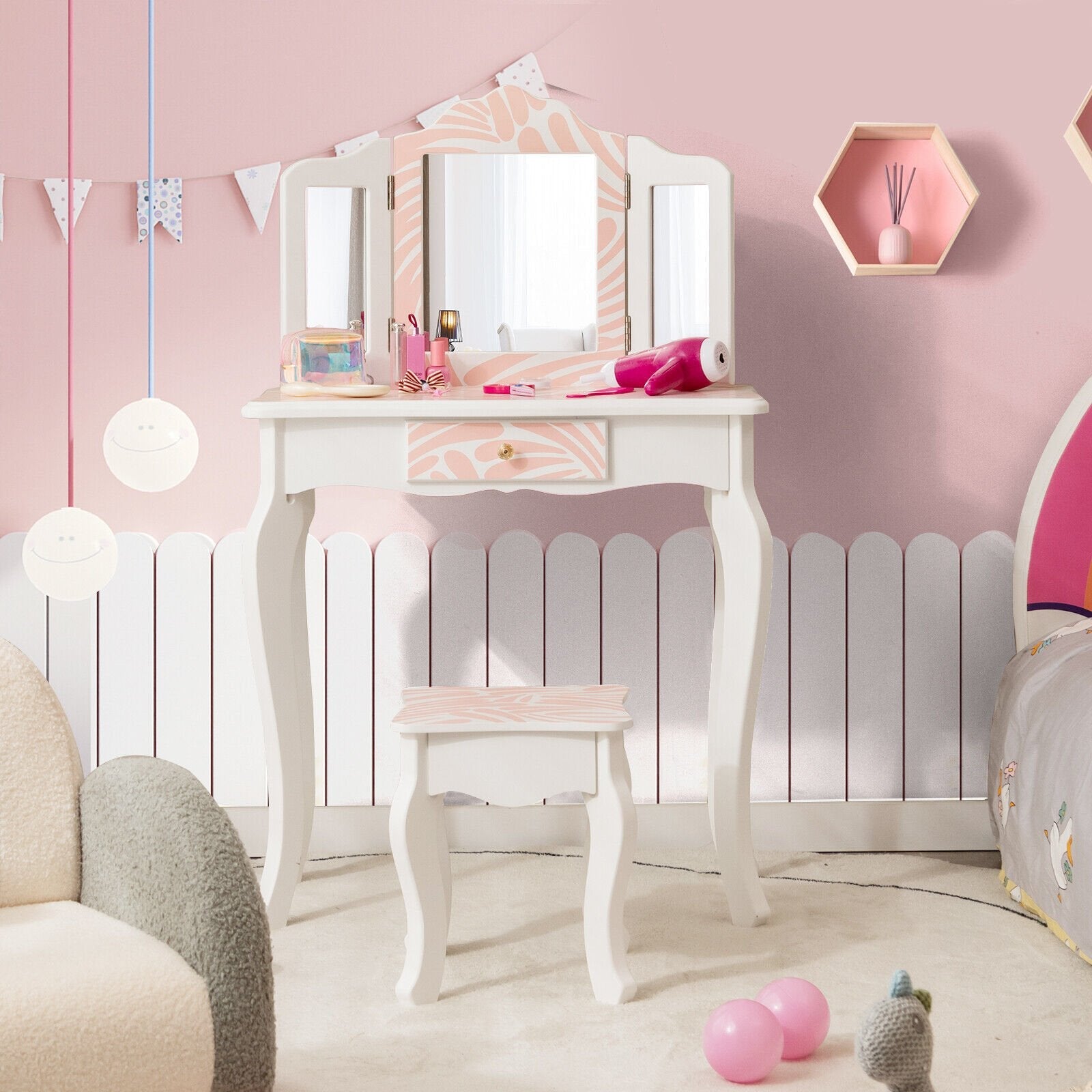 2-in-1 Kids Vanity Table Set with Tri-Folding Mirror, Pink Kids Vanities   at Gallery Canada