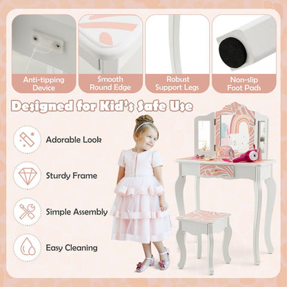 2-in-1 Kids Vanity Table Set with Tri-Folding Mirror, Pink Kids Vanities   at Gallery Canada