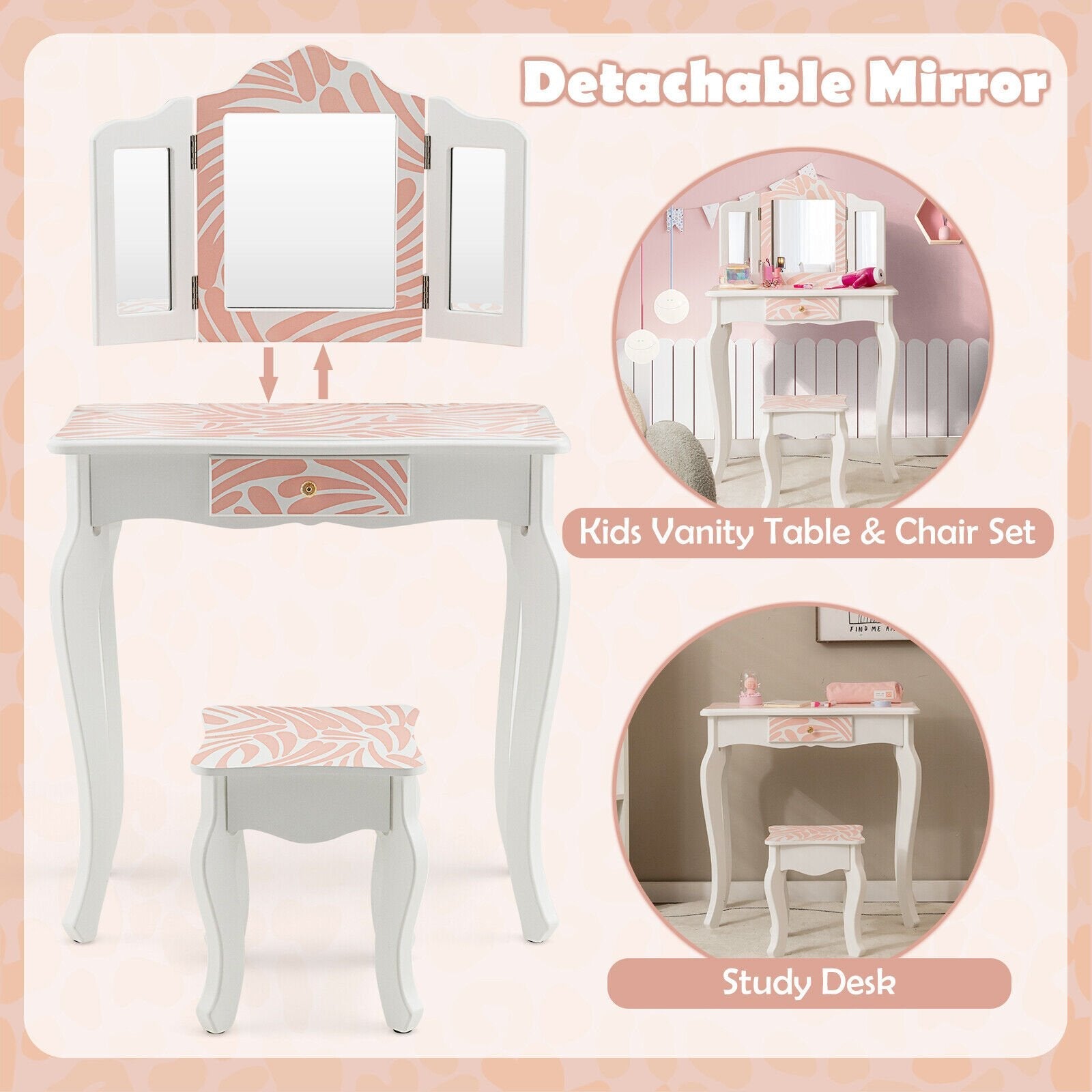 2-in-1 Kids Vanity Table Set with Tri-Folding Mirror, Pink Kids Vanities   at Gallery Canada