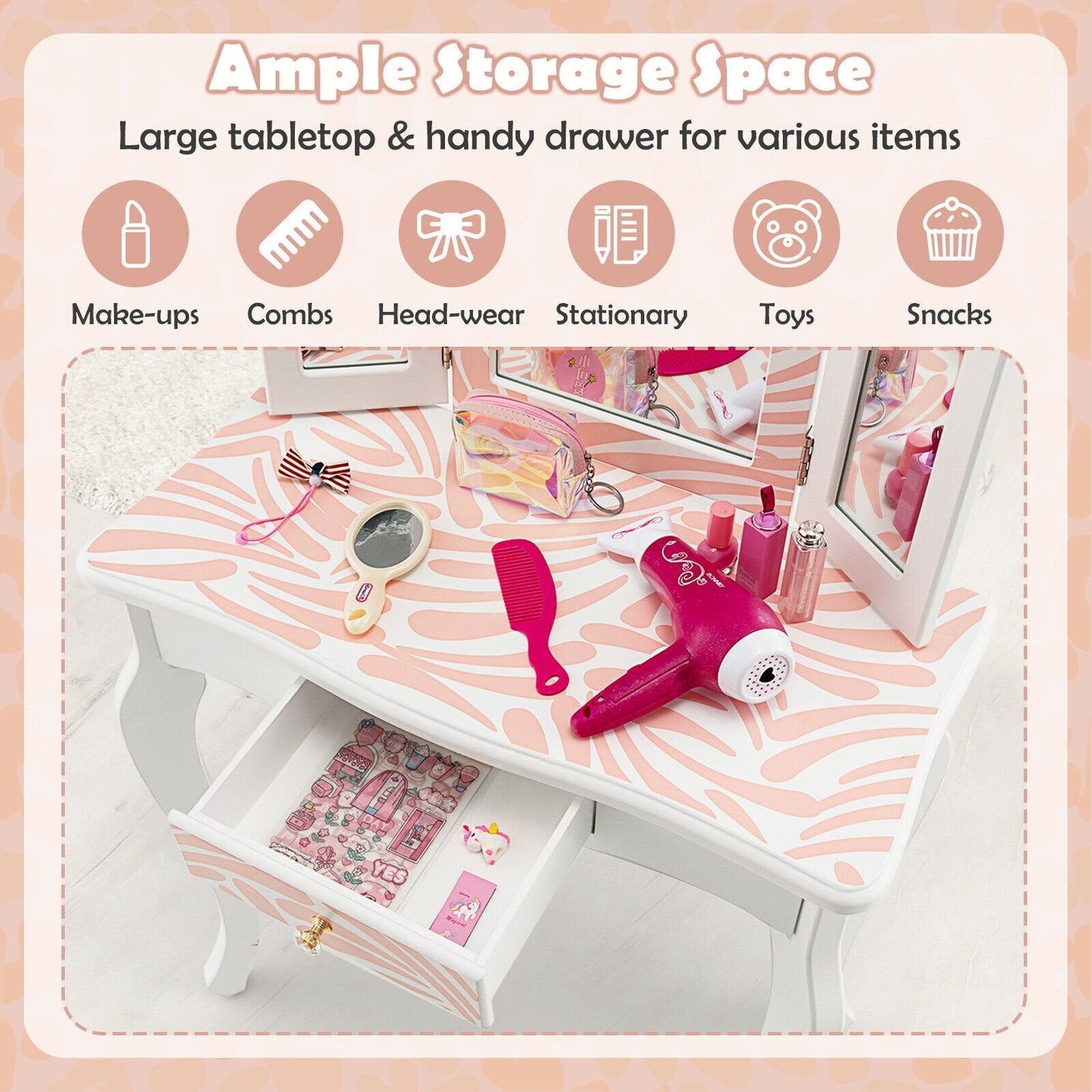 2-in-1 Kids Vanity Table Set with Tri-Folding Mirror, Pink Kids Vanities   at Gallery Canada