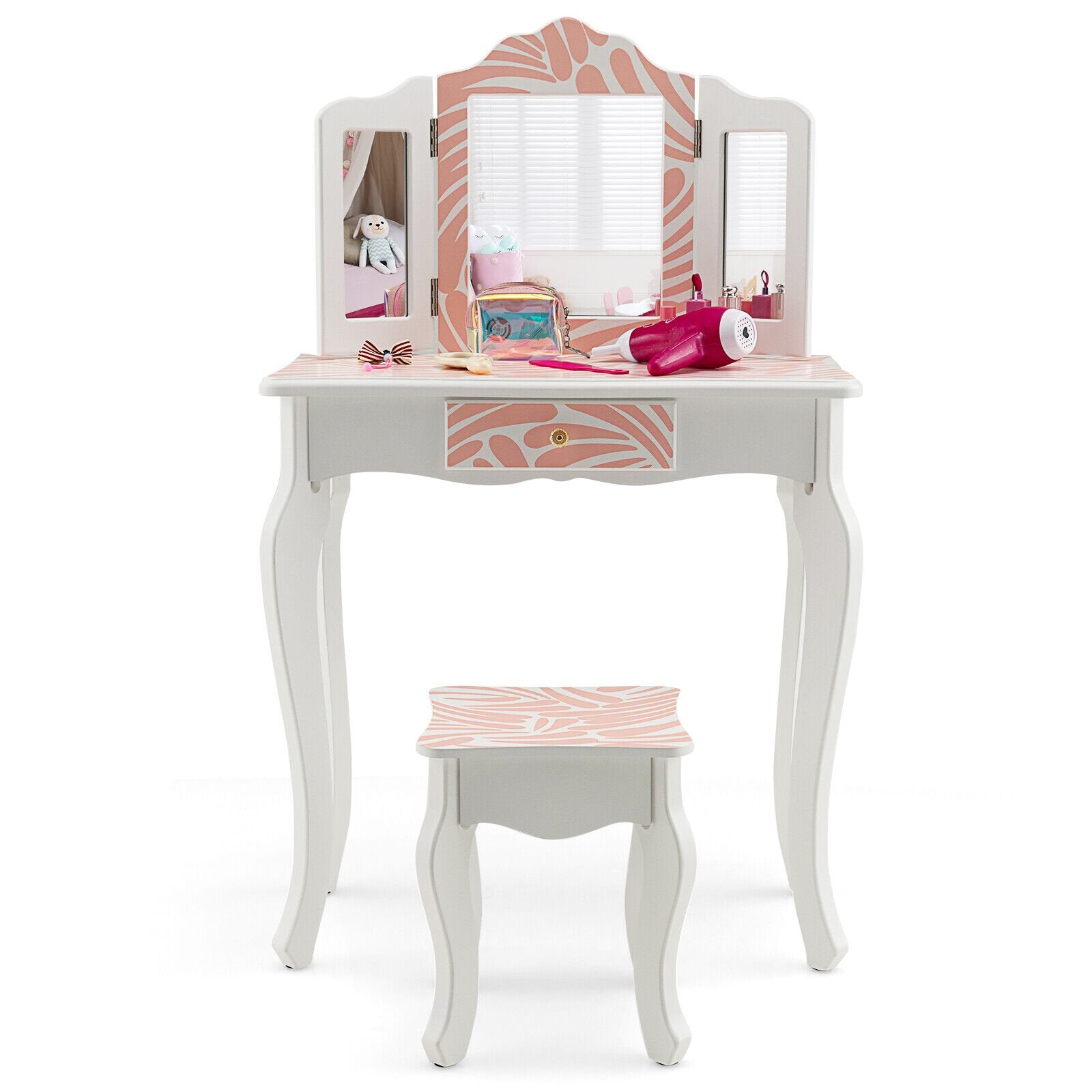 2-in-1 Kids Vanity Table Set with Tri-Folding Mirror, Pink Kids Vanities   at Gallery Canada