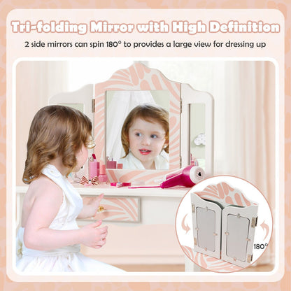 2-in-1 Kids Vanity Table Set with Tri-Folding Mirror, Pink Kids Vanities   at Gallery Canada