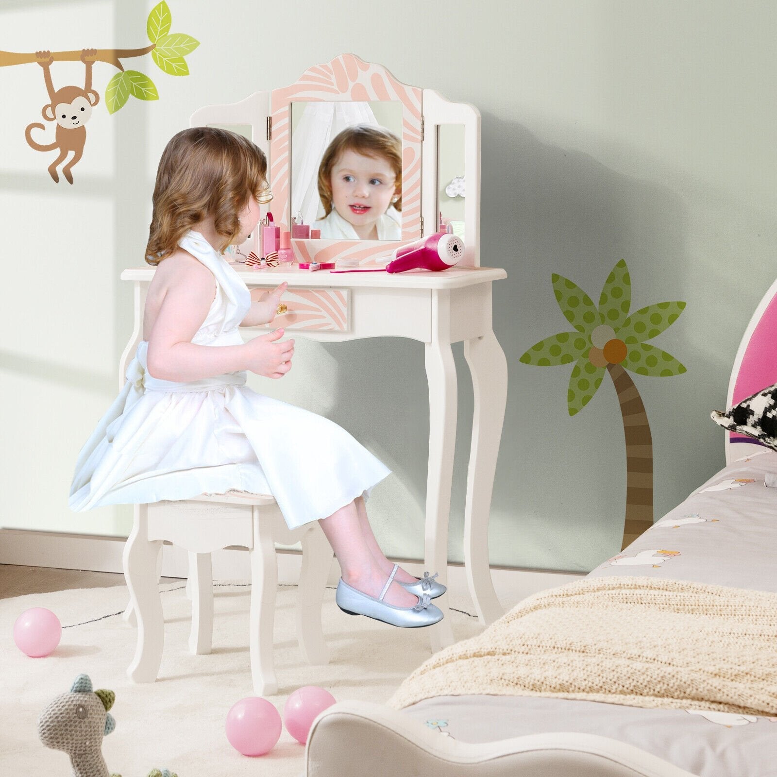 2-in-1 Kids Vanity Table Set with Tri-Folding Mirror, Pink Kids Vanities   at Gallery Canada