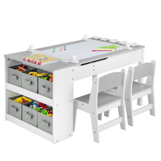 2-in-1 Kids Wooden Art Table and Art Easel Set with Chairs Storage Bins Paper Roll, Gray Kids Table & Chair Sets   at Gallery Canada