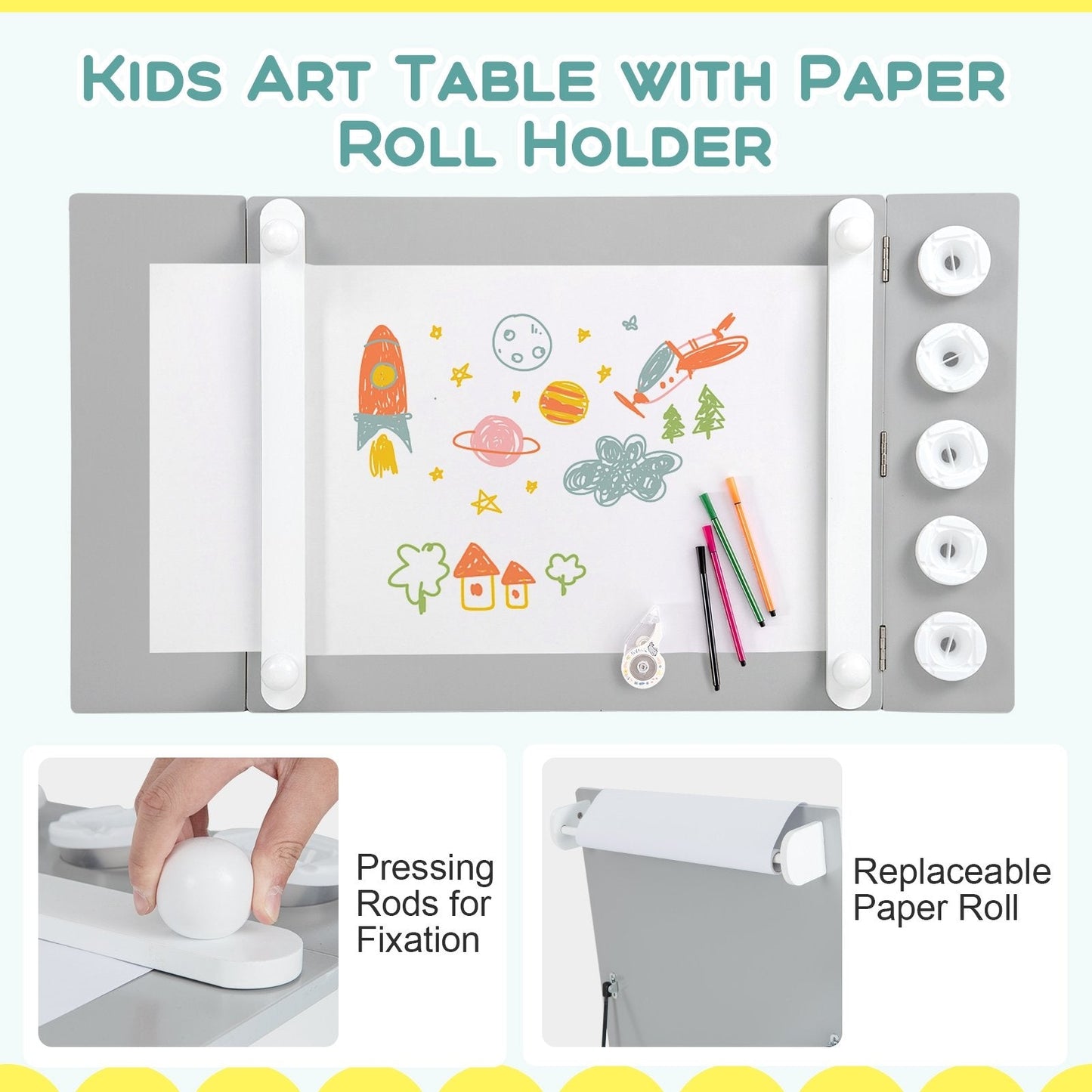 2-in-1 Kids Wooden Art Table and Art Easel Set with Chairs Storage Bins Paper Roll, Gray Kids Table & Chair Sets   at Gallery Canada