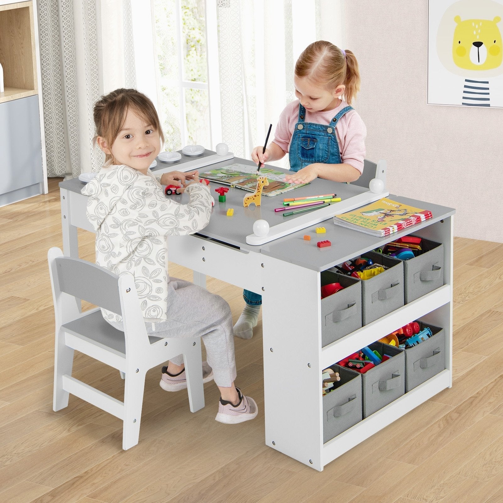 2-in-1 Kids Wooden Art Table and Art Easel Set with Chairs Storage Bins Paper Roll, Gray Kids Table & Chair Sets   at Gallery Canada