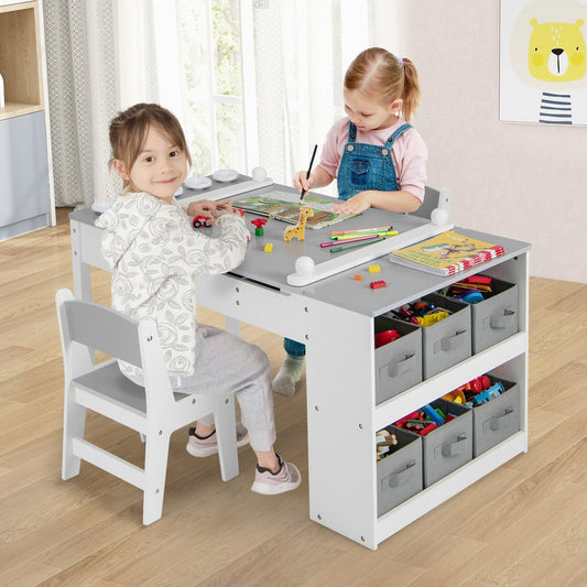 2-in-1 Kids Wooden Art Table and Art Easel Set with Chairs Storage Bins Paper Roll, Gray Kids Table & Chair Sets   at Gallery Canada