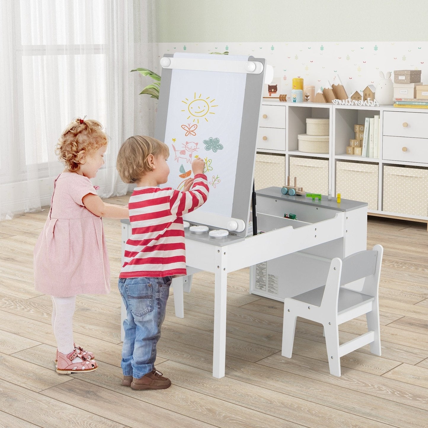 2-in-1 Kids Wooden Art Table and Art Easel Set with Chairs Storage Bins Paper Roll, Gray Kids Table & Chair Sets   at Gallery Canada