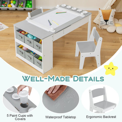 2-in-1 Kids Wooden Art Table and Art Easel Set with Chairs Storage Bins Paper Roll, Gray Kids Table & Chair Sets   at Gallery Canada