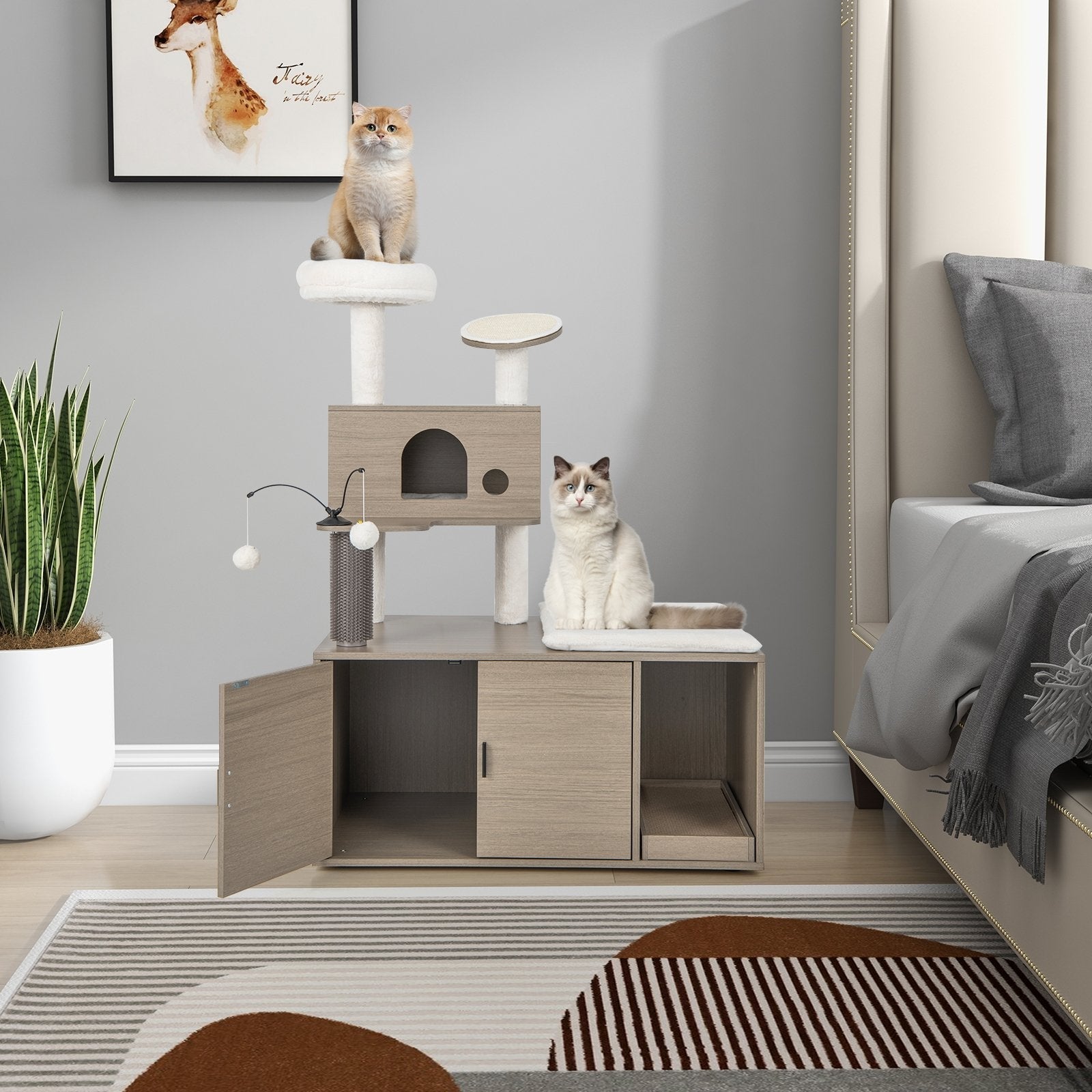 2-in-1 Modern Cat Tower with Litter Box Enclosure for Indoor Cars, Gray Cat Trees Condos & Scratchers   at Gallery Canada