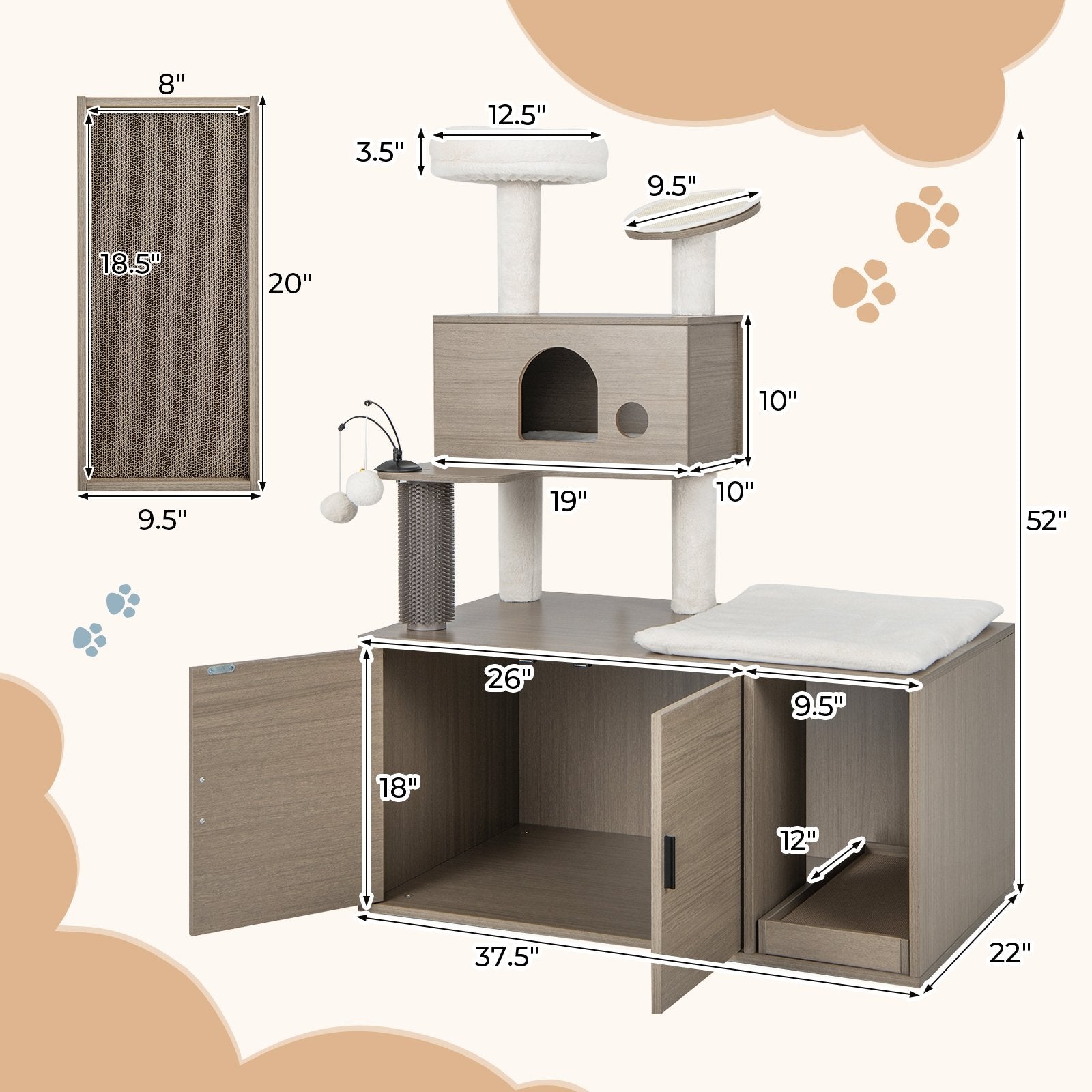 2-in-1 Modern Cat Tower with Litter Box Enclosure for Indoor Cars, Gray Cat Trees Condos & Scratchers   at Gallery Canada