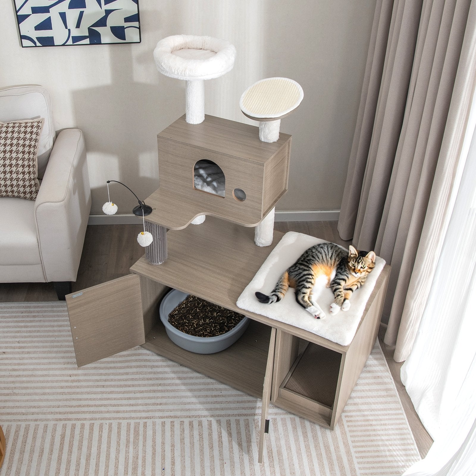 2-in-1 Modern Cat Tower with Litter Box Enclosure for Indoor Cars, Gray Cat Trees Condos & Scratchers   at Gallery Canada