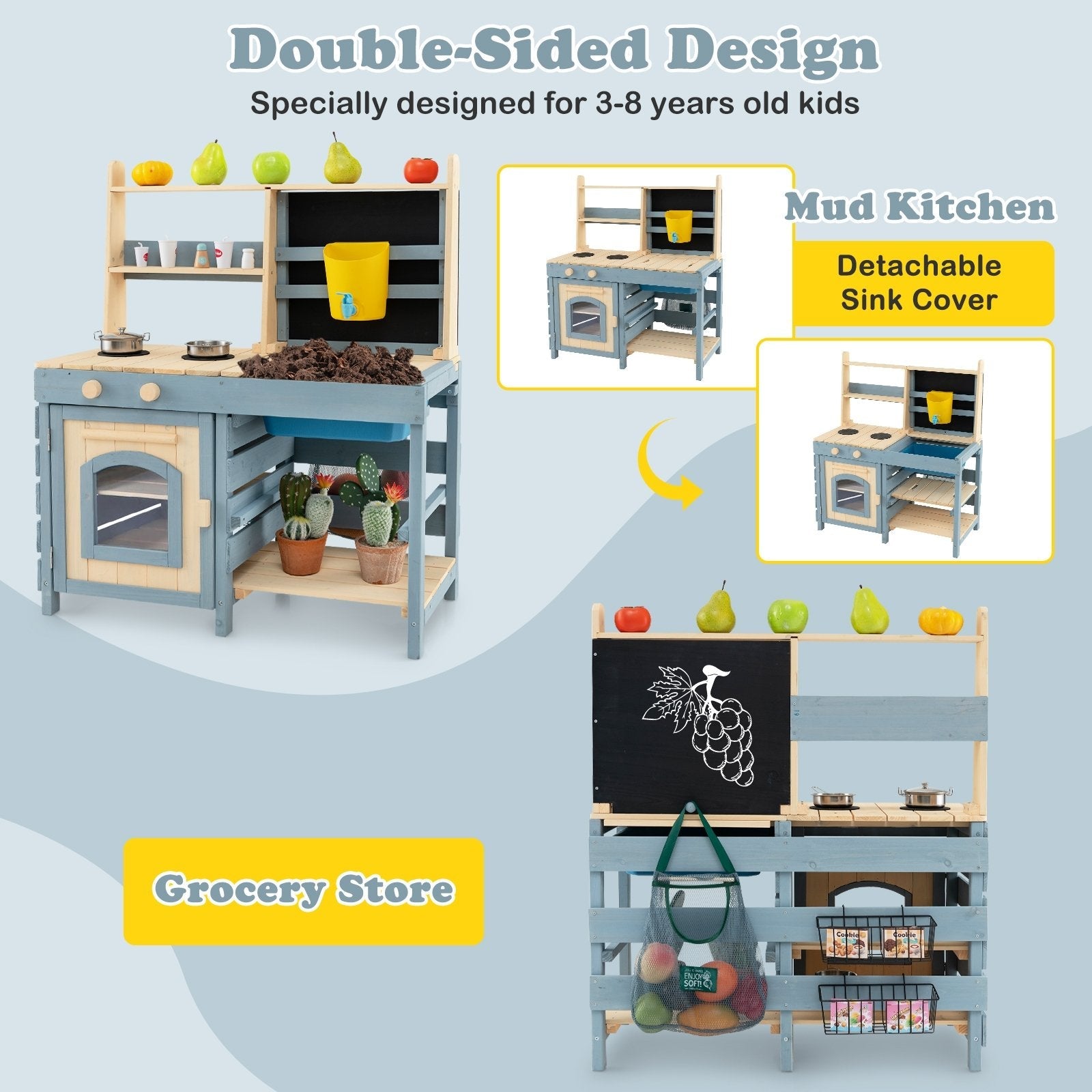 2-In-1 Outdoor Mud Kitchen with Faucet and Extra Chalkboard, Natural Play Kitchen Sets   at Gallery Canada