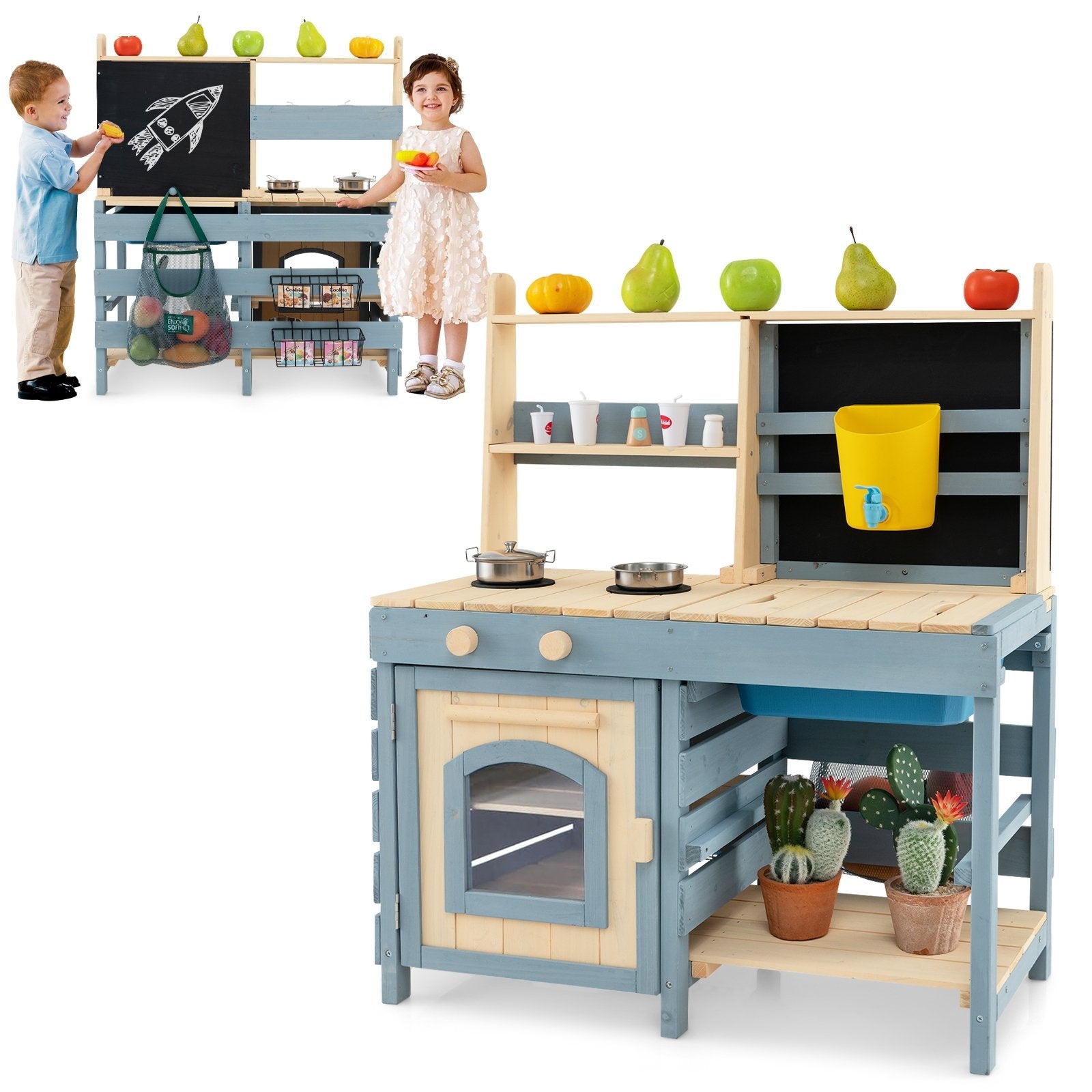 2-In-1 Outdoor Mud Kitchen with Faucet and Extra Chalkboard, Natural Play Kitchen Sets   at Gallery Canada