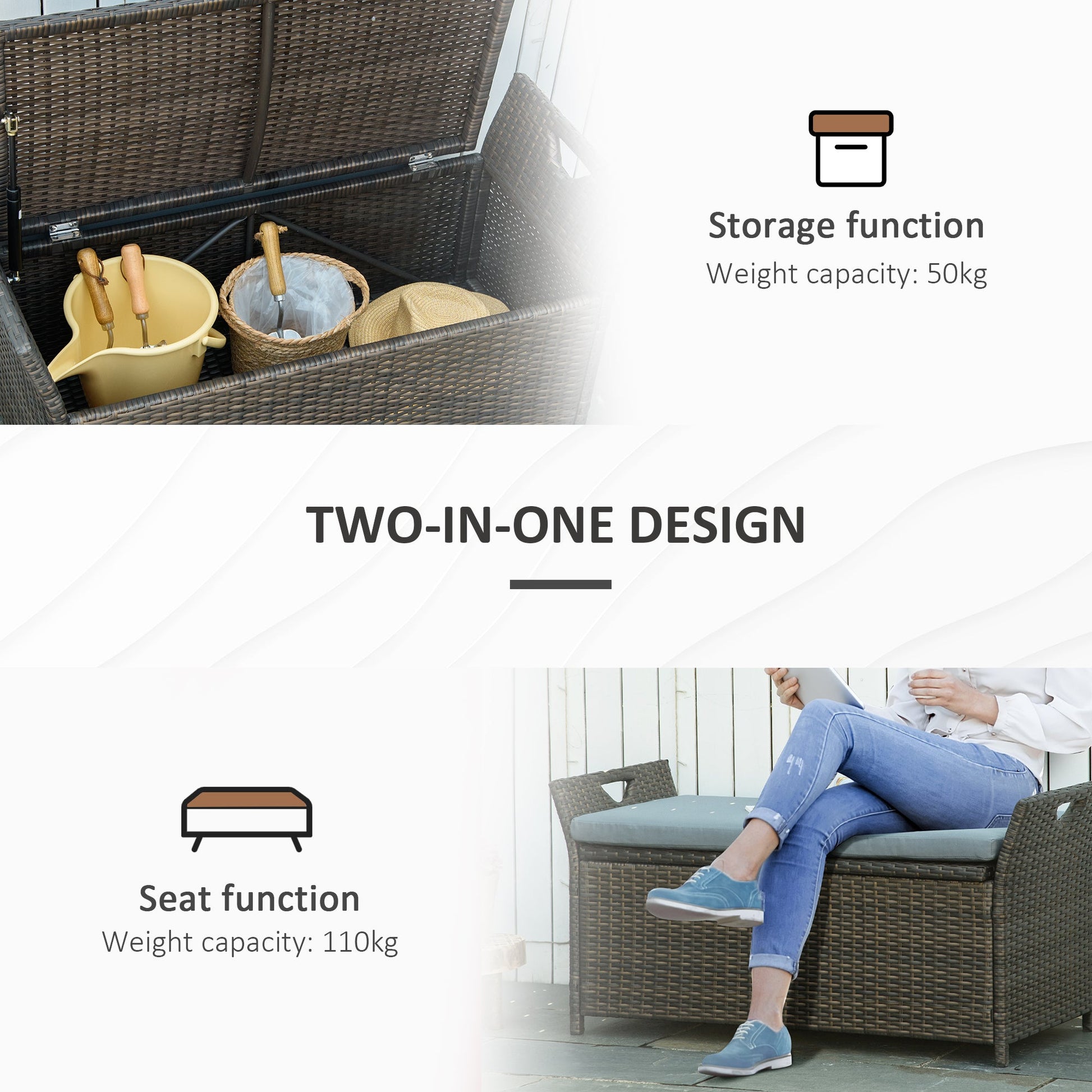 2-In-1 Outdoor PE Rattan Storage Bench, 27 Gallon Patio Wicker Furniture, Basket Box with Handles and Cushion Dark Grey Patio Storage Boxes   at Gallery Canada