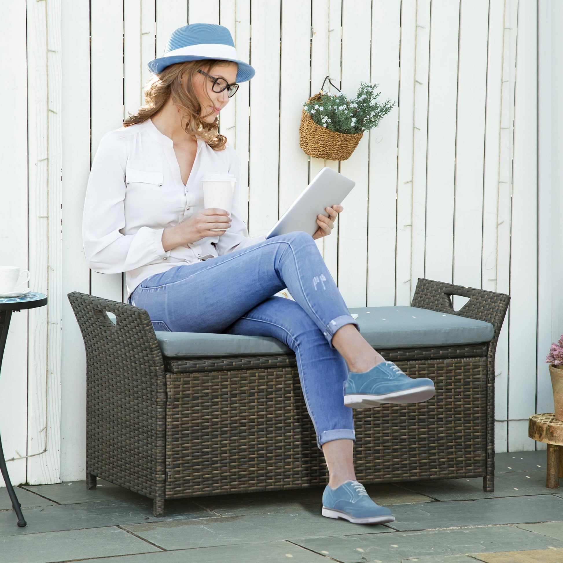 2-In-1 Outdoor PE Rattan Storage Bench, 27 Gallon Patio Wicker Furniture, Basket Box with Handles and Cushion Dark Grey Patio Storage Boxes   at Gallery Canada