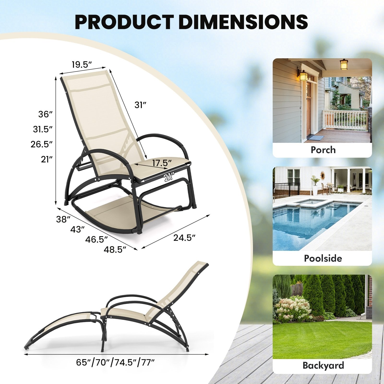 2-in-1 Outdoor Rocking Chair with 4-Position Adjustable Backrest for Patio Porch Poolside, Beige Patio Rocking Chairs & Gliders   at Gallery Canada