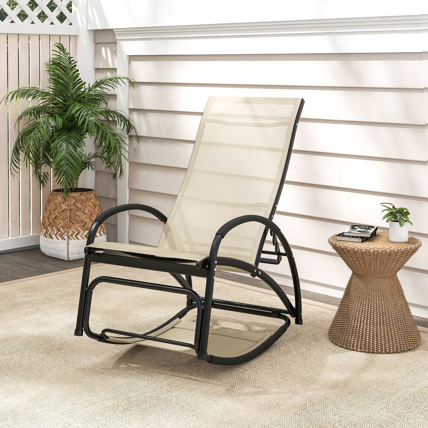 2-in-1 Outdoor Rocking Chair with 4-Position Adjustable Backrest for Patio Porch Poolside, Beige Patio Rocking Chairs & Gliders   at Gallery Canada