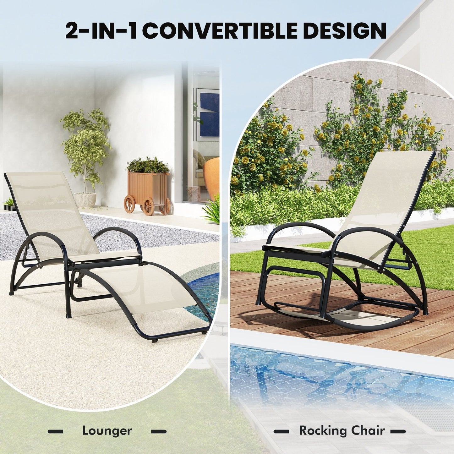 2-in-1 Outdoor Rocking Chair with 4-Position Adjustable Backrest for Patio Porch Poolside, Beige Patio Rocking Chairs & Gliders   at Gallery Canada