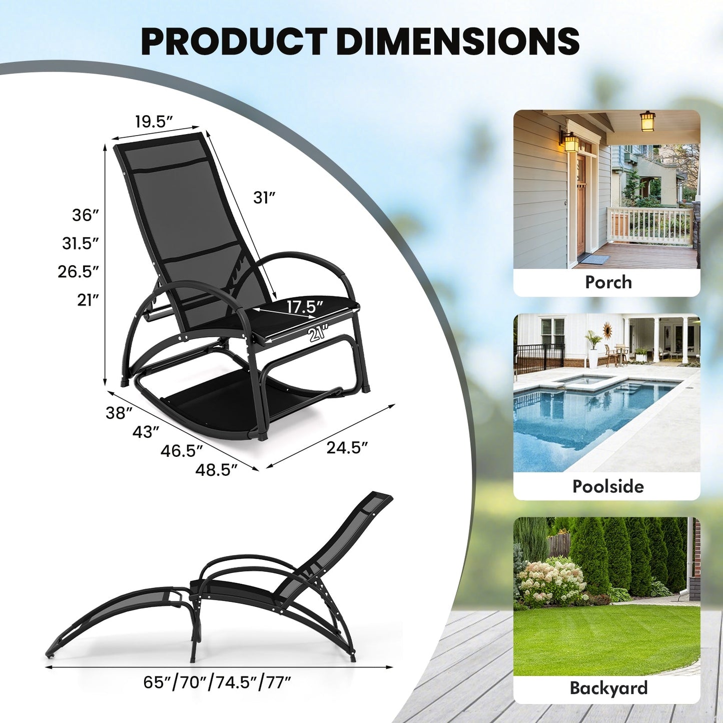 2-in-1 Outdoor Rocking Chair with 4-Position Adjustable Backrest for Patio Porch Poolside, Black Patio Rocking Chairs & Gliders   at Gallery Canada