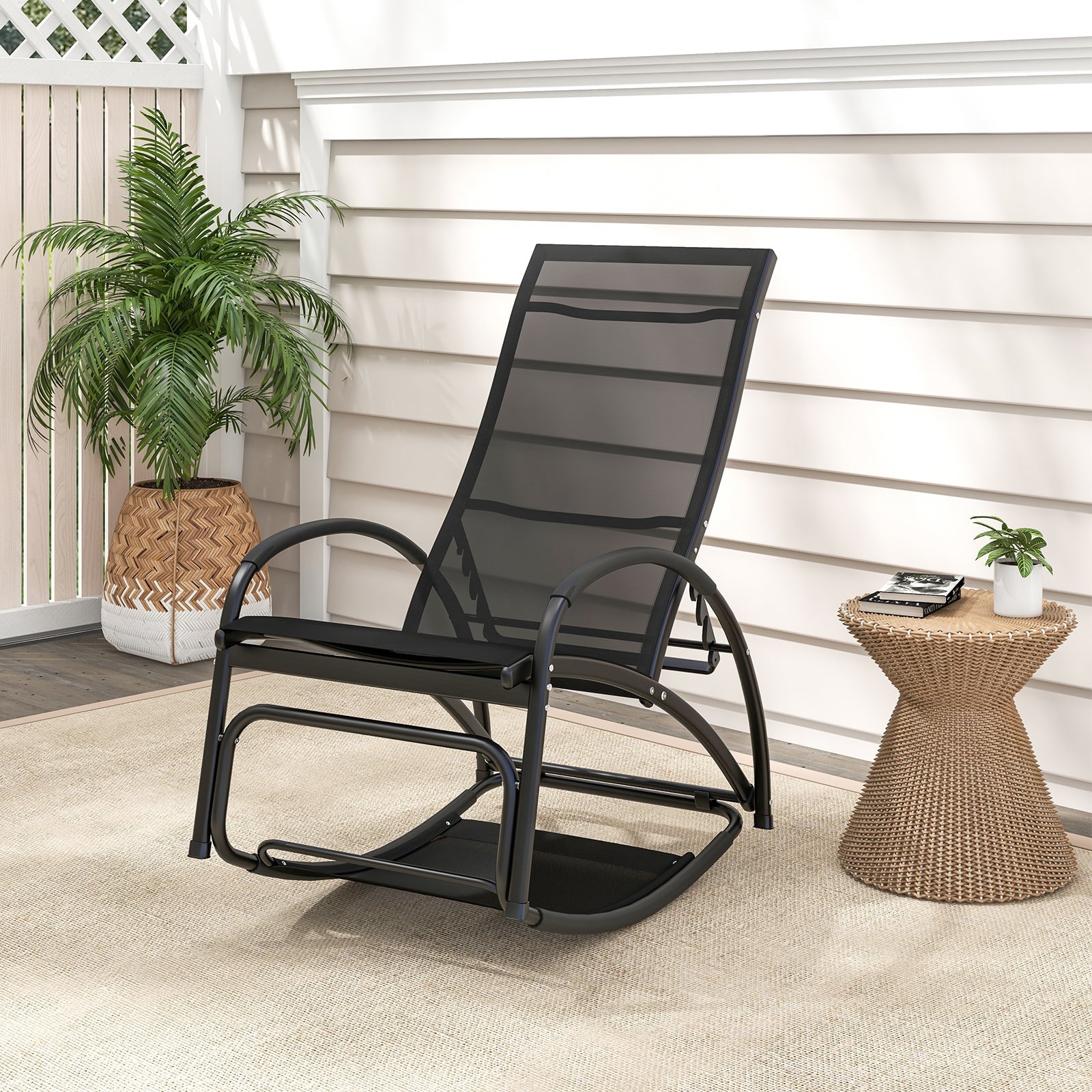 2-in-1 Outdoor Rocking Chair with 4-Position Adjustable Backrest for Patio Porch Poolside, Black Patio Rocking Chairs & Gliders   at Gallery Canada