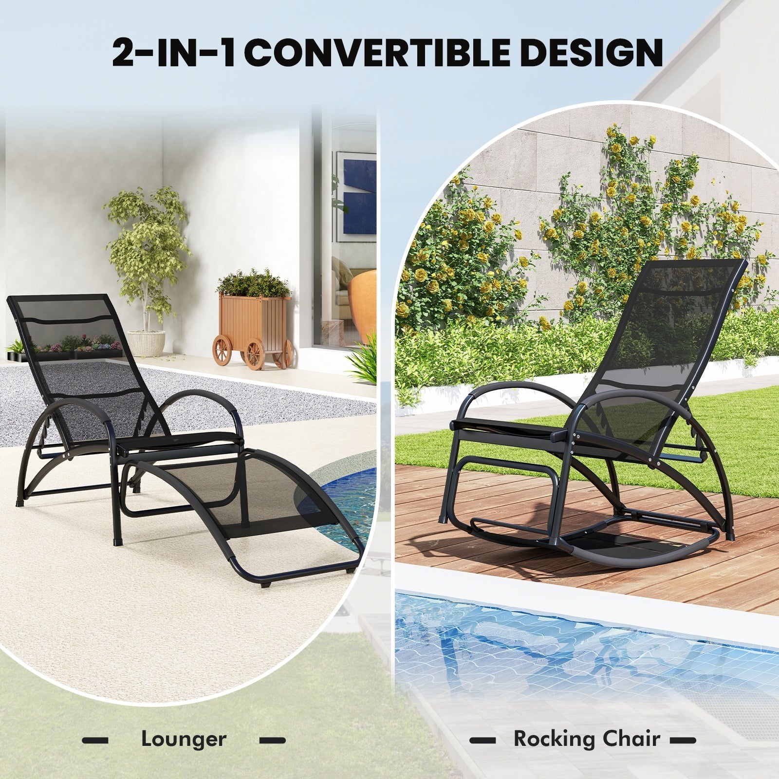 2-in-1 Outdoor Rocking Chair with 4-Position Adjustable Backrest for Patio Porch Poolside, Black Patio Rocking Chairs & Gliders   at Gallery Canada