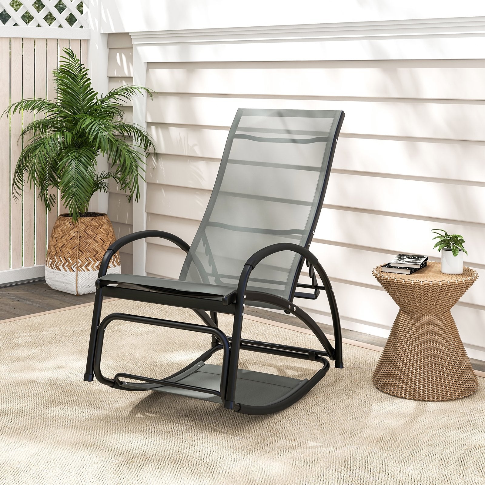 2-in-1 Outdoor Rocking Chair with 4-Position Adjustable Backrest for Patio Porch Poolside, Gray Patio Rocking Chairs & Gliders   at Gallery Canada