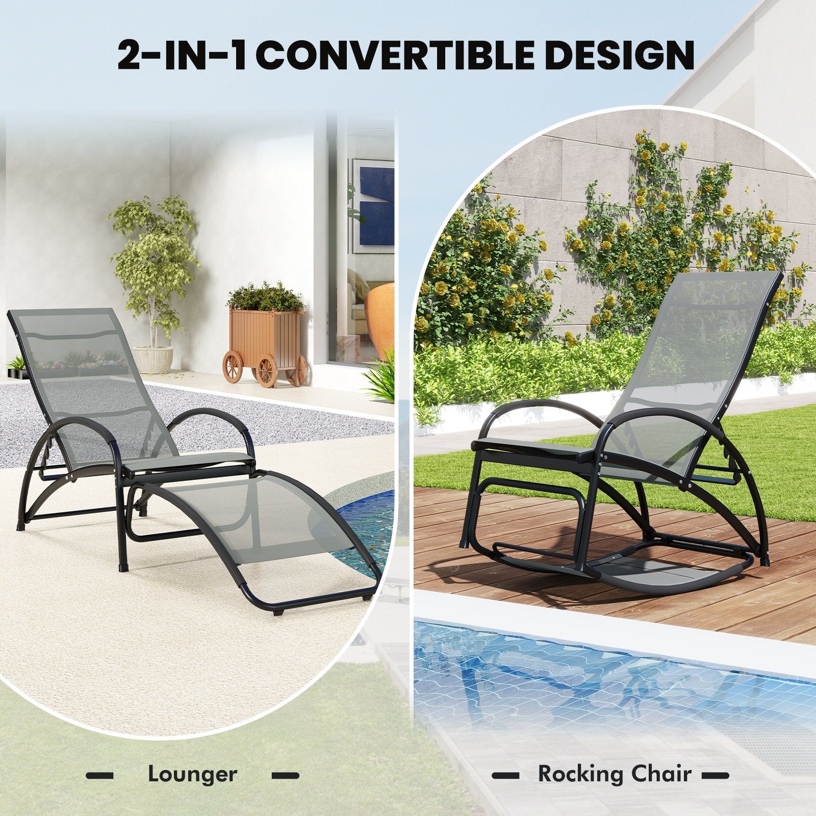 2-in-1 Outdoor Rocking Chair with 4-Position Adjustable Backrest for Patio Porch Poolside, Gray Patio Rocking Chairs & Gliders   at Gallery Canada