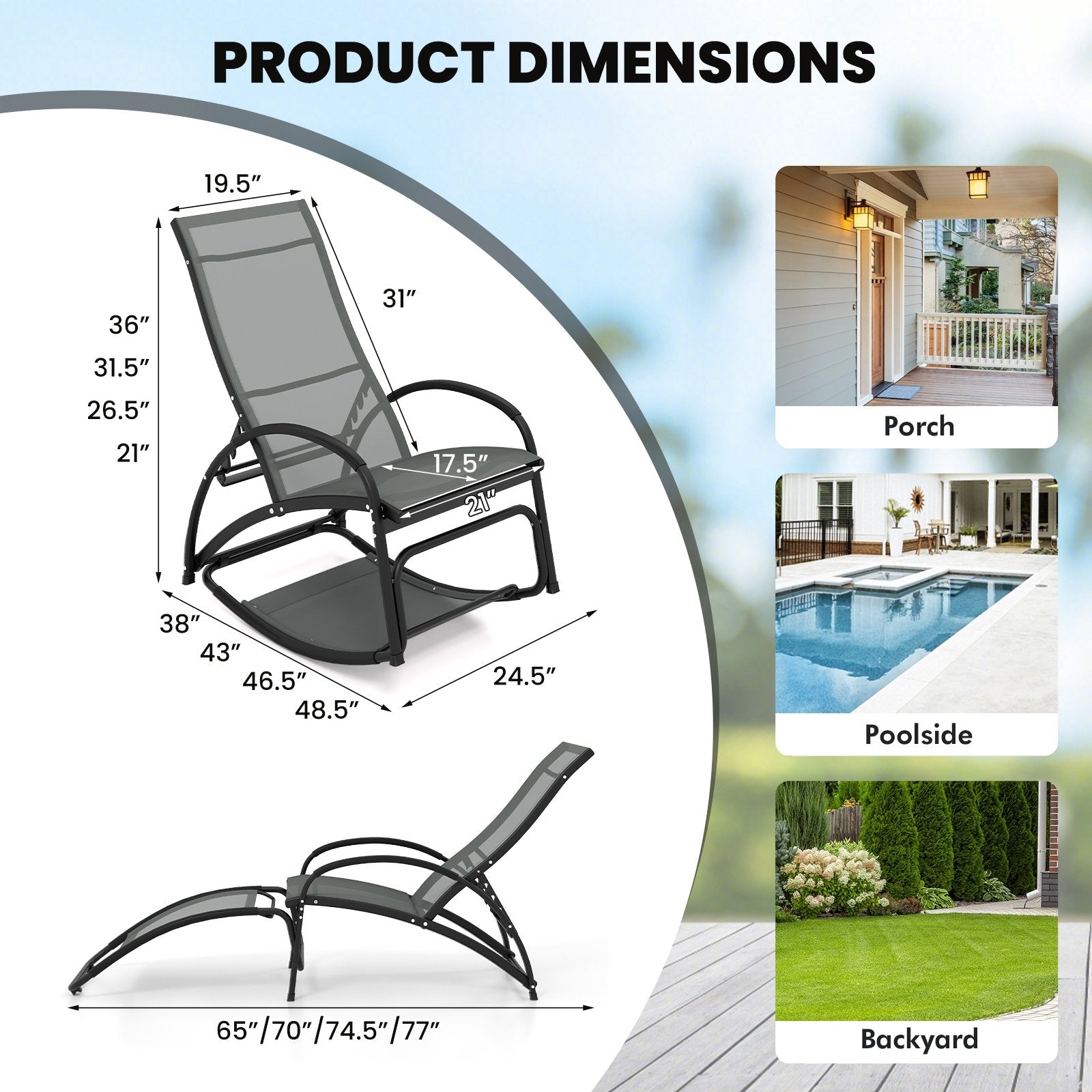 2-in-1 Outdoor Rocking Chair with 4-Position Adjustable Backrest for Patio Porch Poolside, Gray Patio Rocking Chairs & Gliders   at Gallery Canada