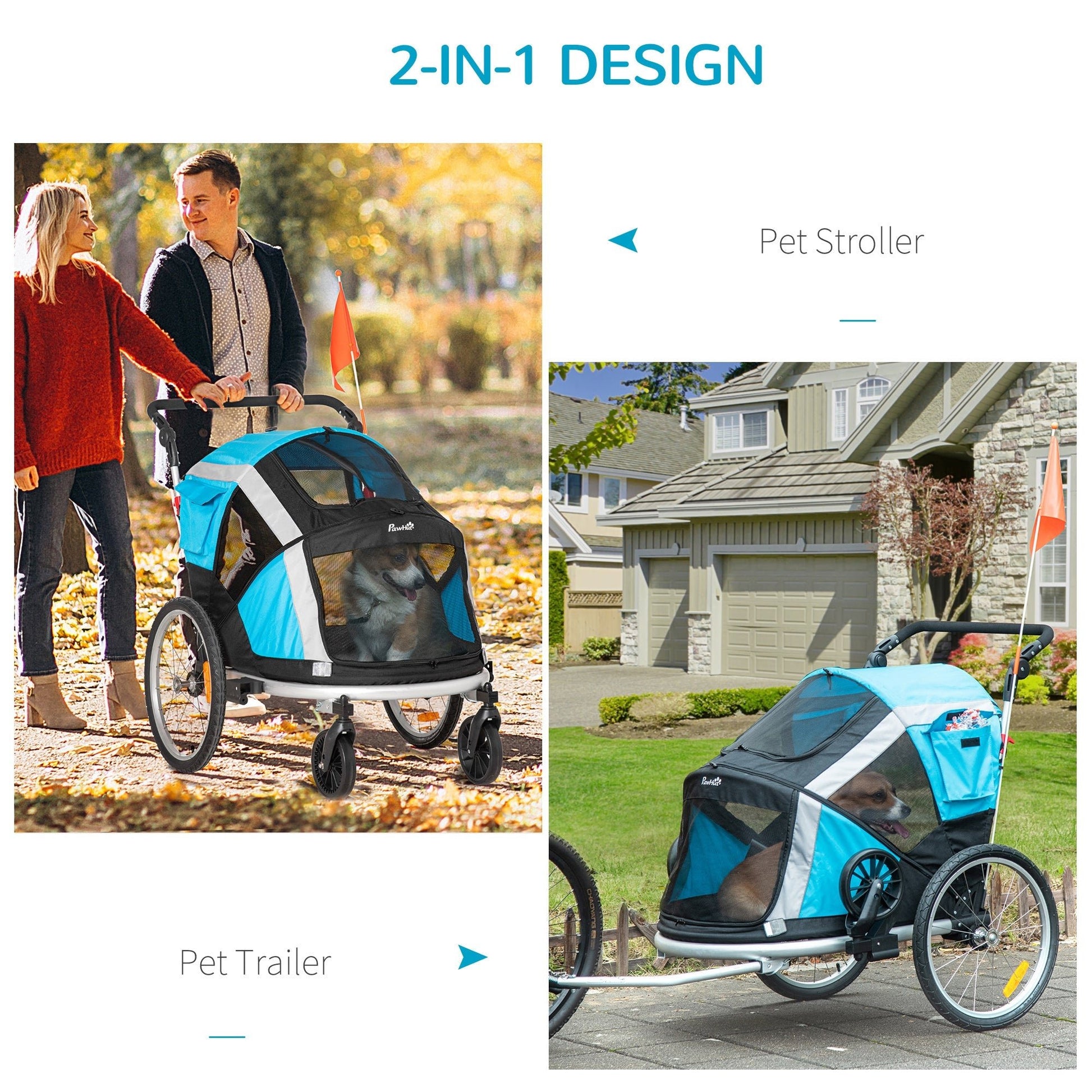 2-in-1 Pet Bike Trailer, Dog Stroller, Foldable Carrier with Wheels for Puppies, Cats, Camping, Hiking, Biking, Blue Dog Bike Trailers & Strollers   at Gallery Canada