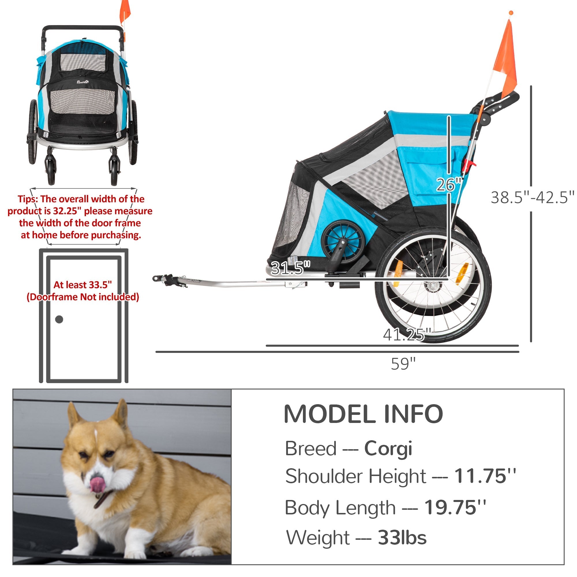 2-in-1 Pet Bike Trailer, Dog Stroller, Foldable Carrier with Wheels for Puppies, Cats, Camping, Hiking, Biking, Blue Dog Bike Trailers & Strollers   at Gallery Canada