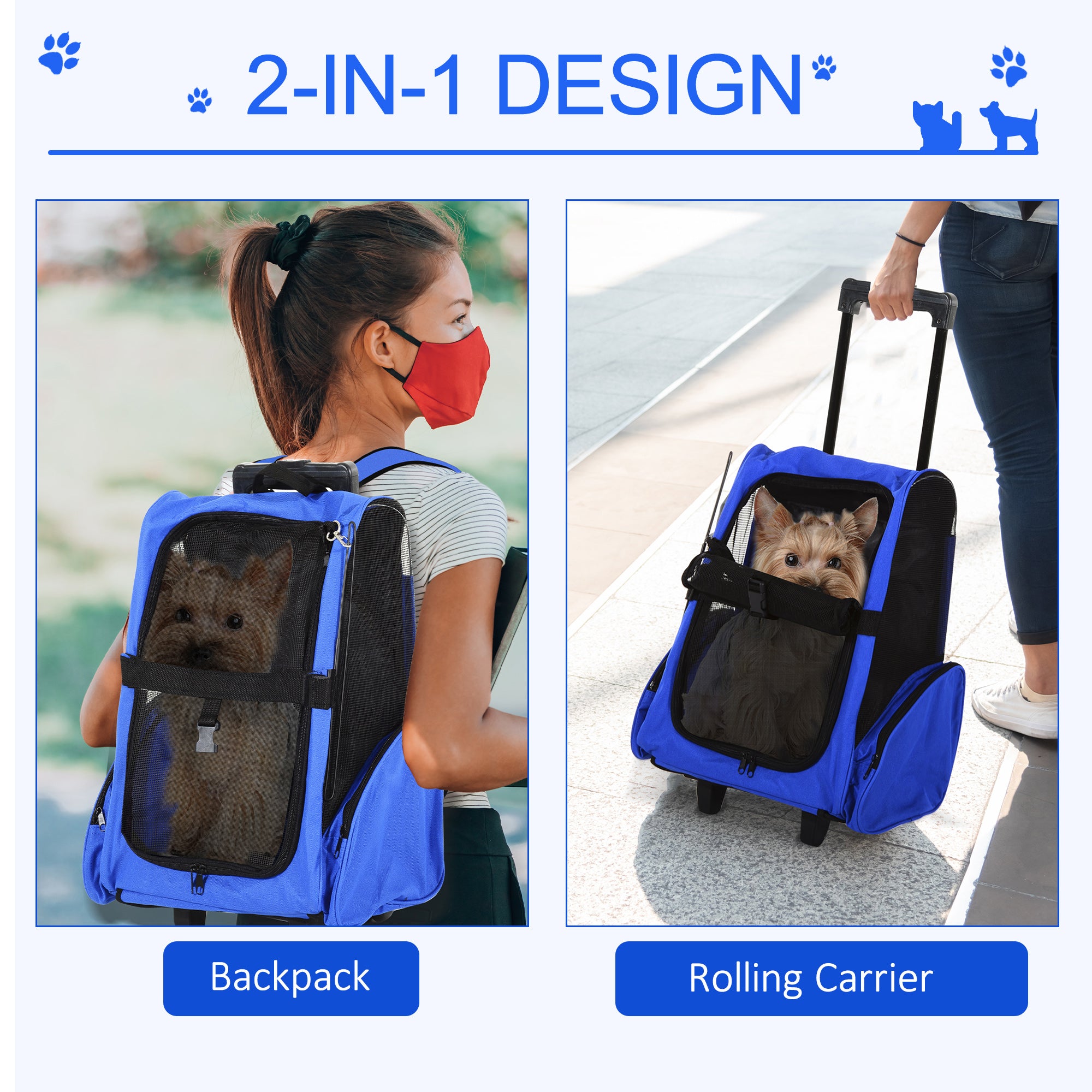 2-IN-1 Pet Luggage Box Backpack Carrier Cats Dogs w/ Handle, Rolling Wheel Blue Dog Bike Trailers & Strollers   at Gallery Canada