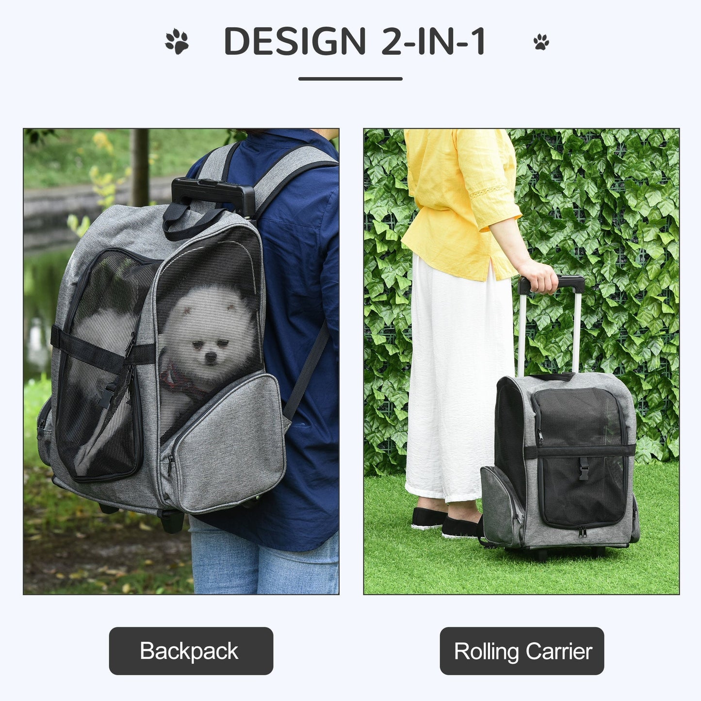 2-IN-1 Pet Luggage Box Backpack Carrier Cats Dogs w/ Handle, Rolling Wheel Grey Dog Bike Trailers & Strollers   at Gallery Canada