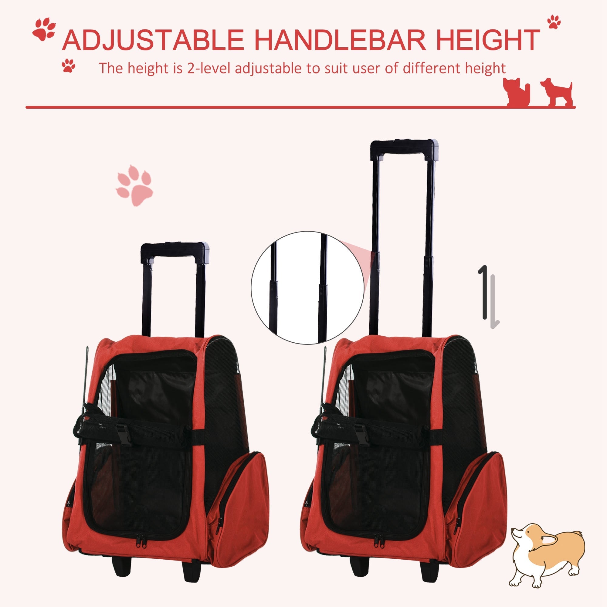 2-IN-1 Pet Luggage Box Backpack Carrier Cats Dogs w/ Handle, Rolling Wheel Red Dog Bike Trailers & Strollers   at Gallery Canada