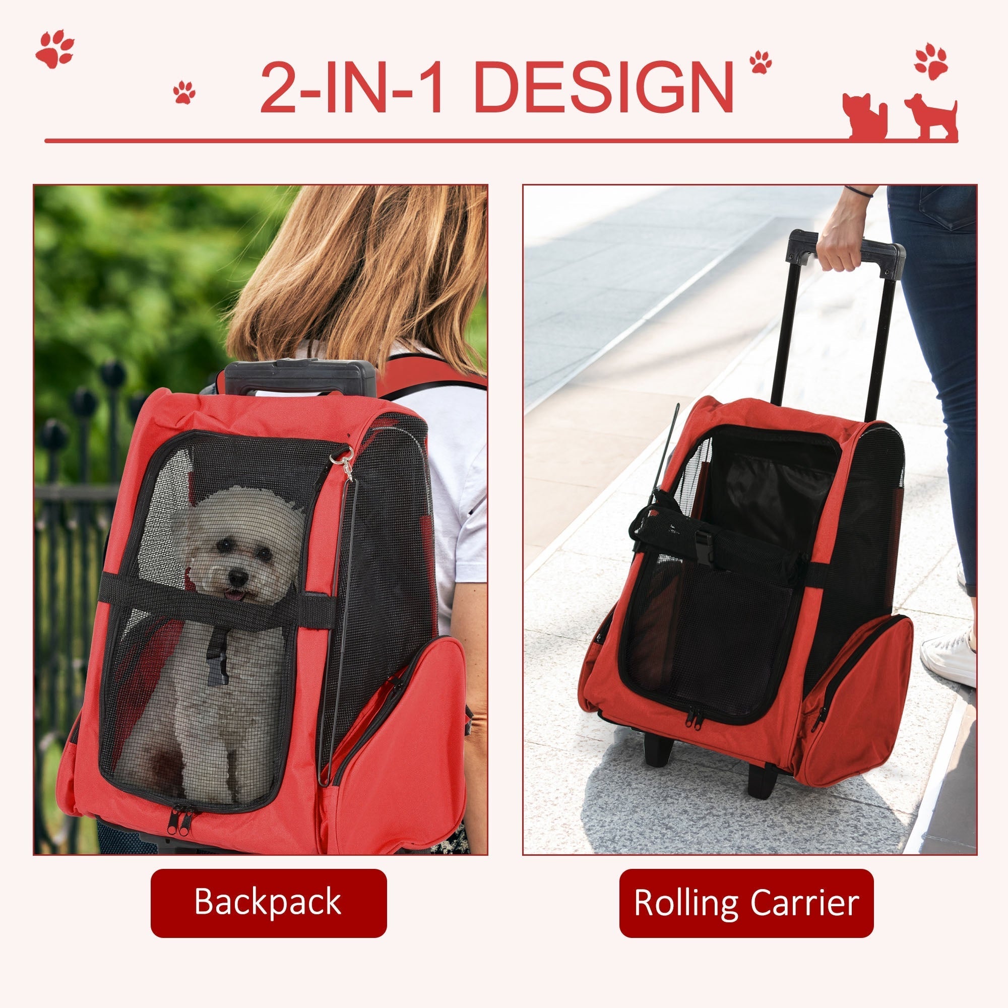 2-IN-1 Pet Luggage Box Backpack Carrier Cats Dogs w/ Handle, Rolling Wheel Red Dog Bike Trailers & Strollers   at Gallery Canada