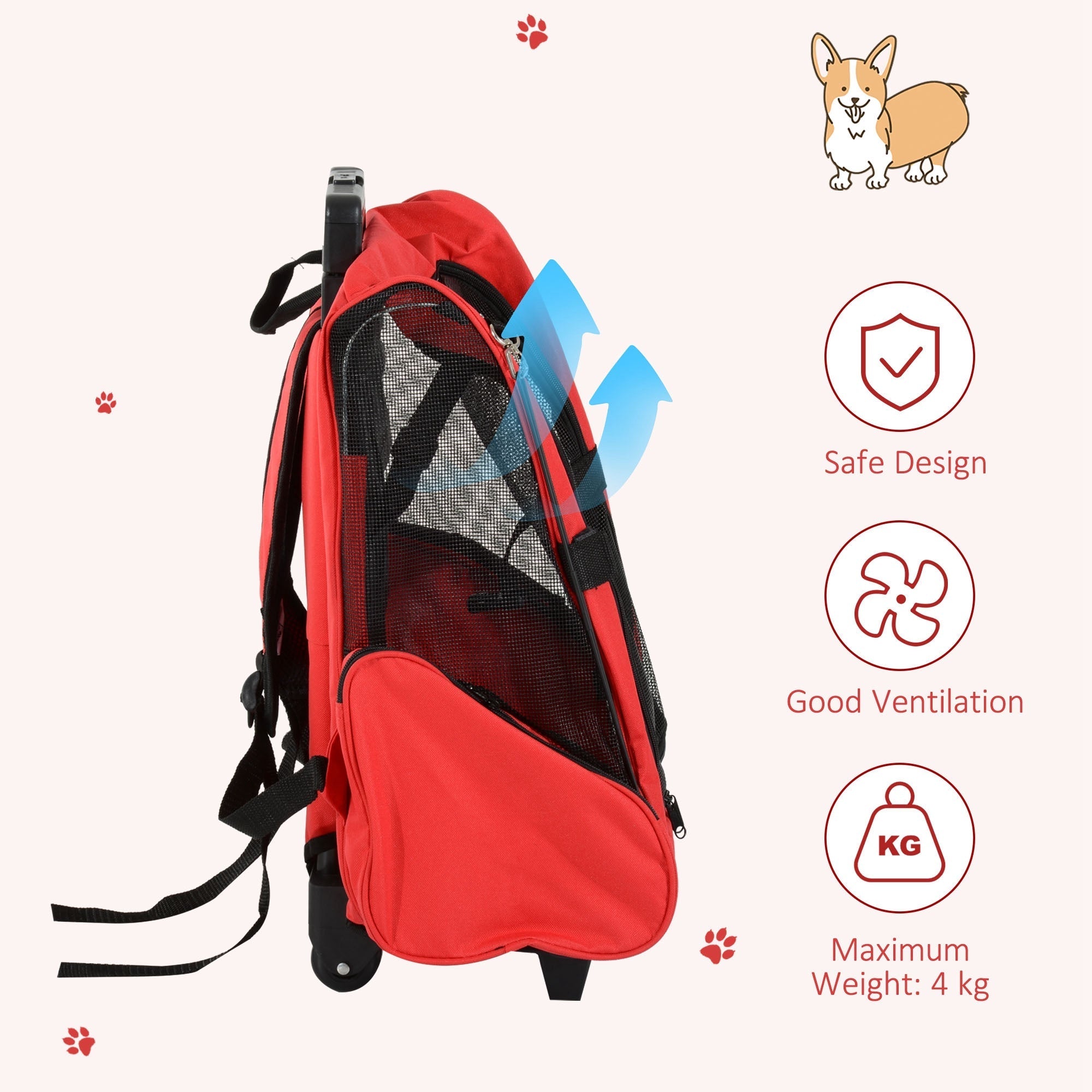 2-IN-1 Pet Luggage Box Backpack Carrier Cats Dogs w/ Handle, Rolling Wheel Red Dog Bike Trailers & Strollers   at Gallery Canada