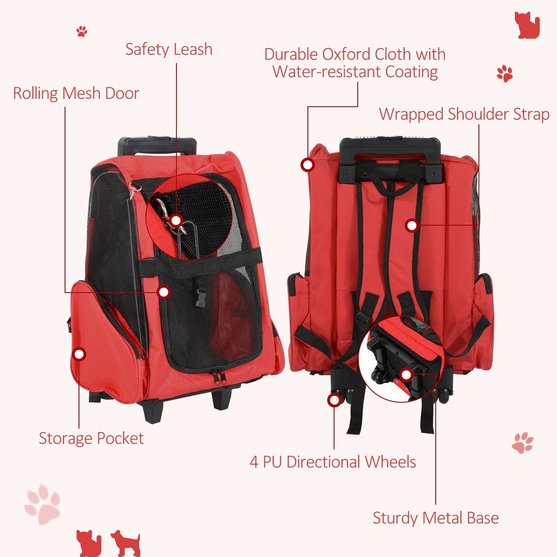 2-IN-1 Pet Luggage Box Backpack Carrier Cats Dogs w/ Handle, Rolling Wheel Red Dog Bike Trailers & Strollers   at Gallery Canada