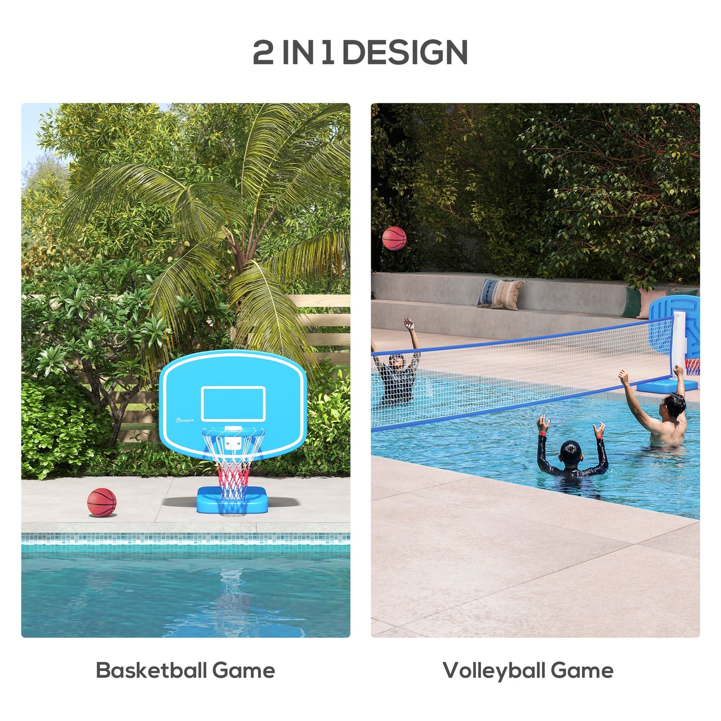 2-in-1 Pool Basketball Hoop Poolside &; Volleyball Set, Portable Basketball Hoop with Fillable Base Basketball   at Gallery Canada