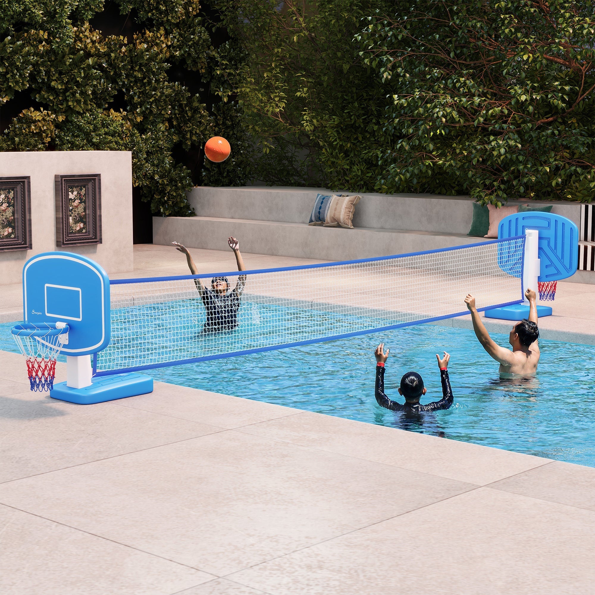 2-in-1 Pool Basketball Hoop Poolside &; Volleyball Set, Portable Basketball Hoop with Fillable Base Basketball Multi Colour  at Gallery Canada